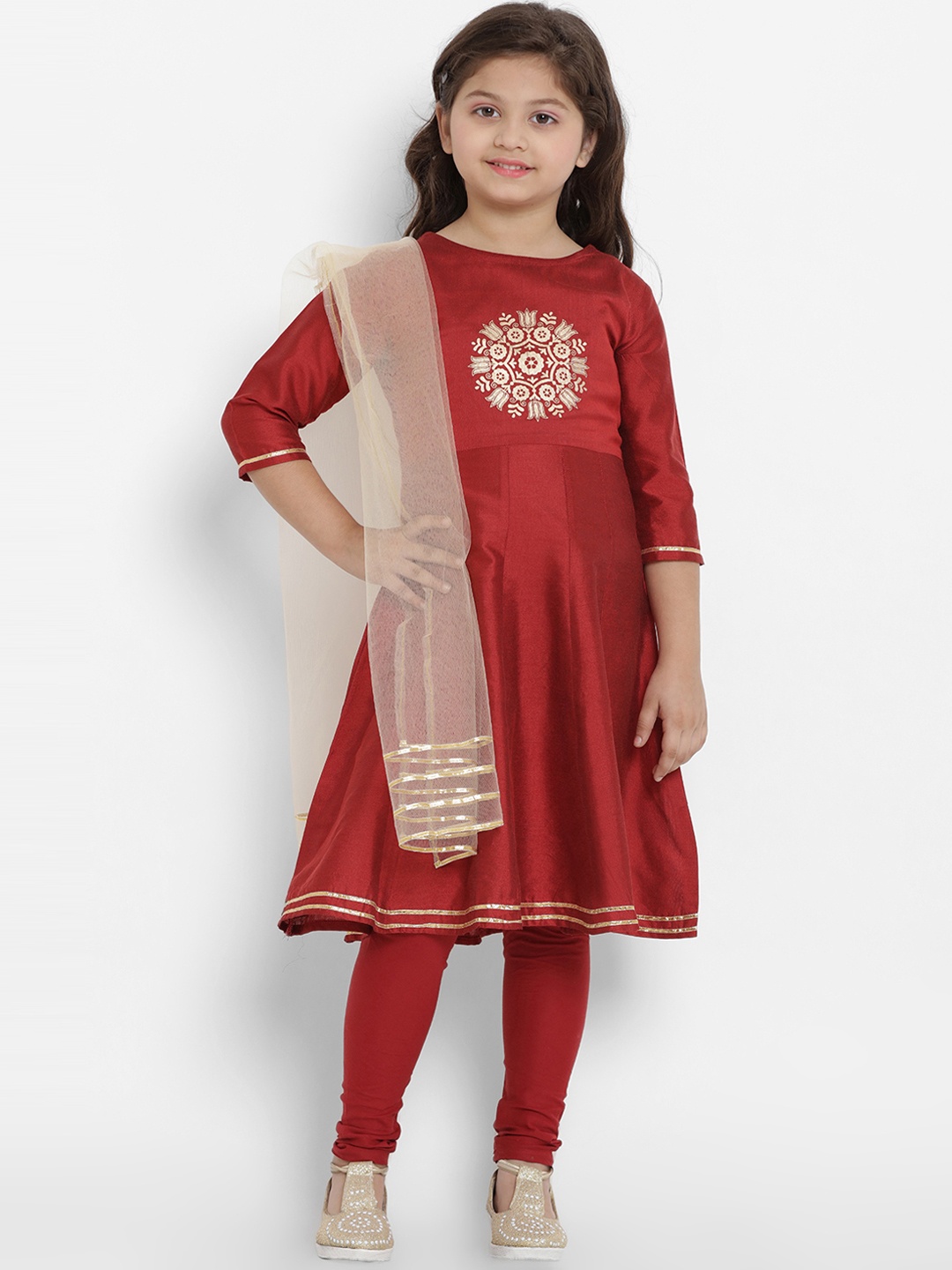 

Bitiya by Bhama Girls Maroon & Beige Printed Kurta with Churidar & Dupatta