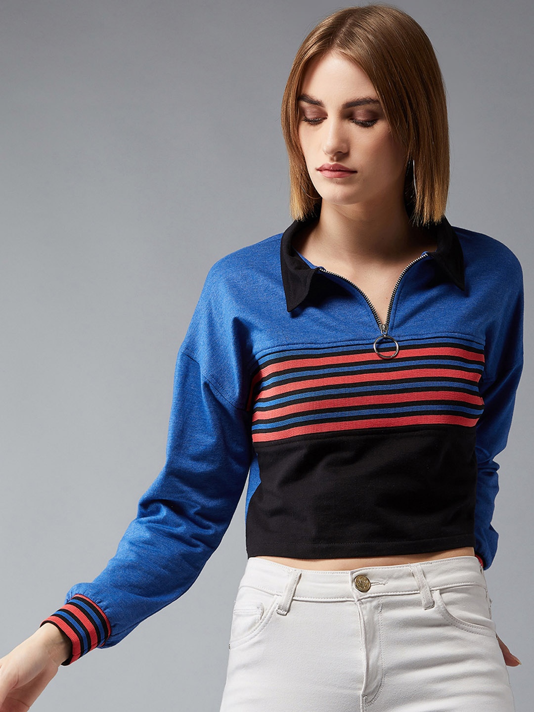 

DOLCE CRUDO Women Blue & Black Striped Crop Sweatshirt