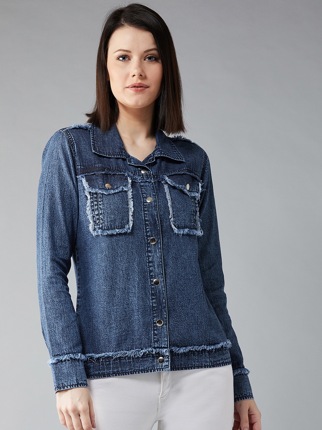 DOLCE CRUDO Women Blue Solid Denim Jacket
