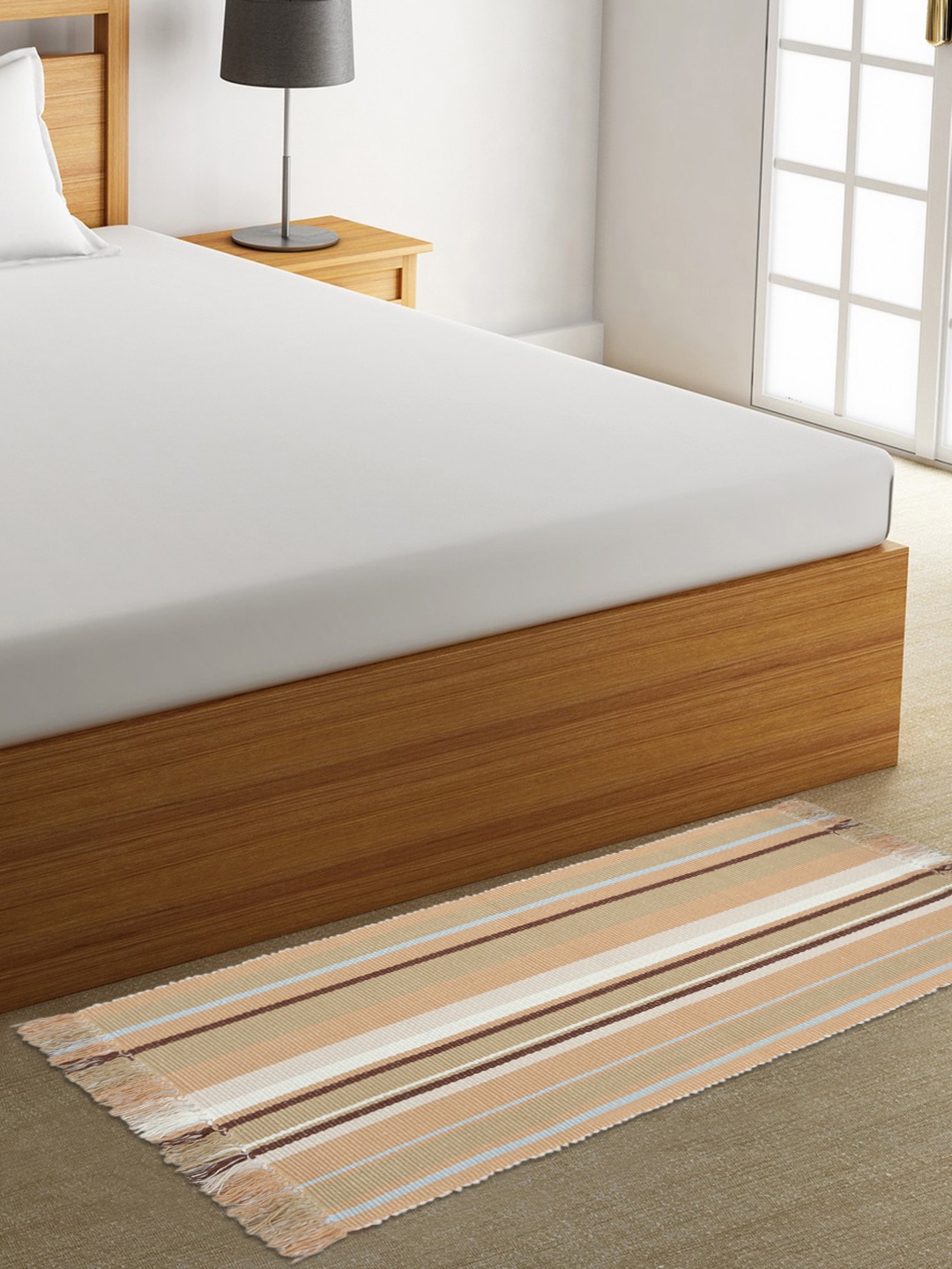 

KLOTTHE Beige & Grey Striped Rectangular Bedside Runner