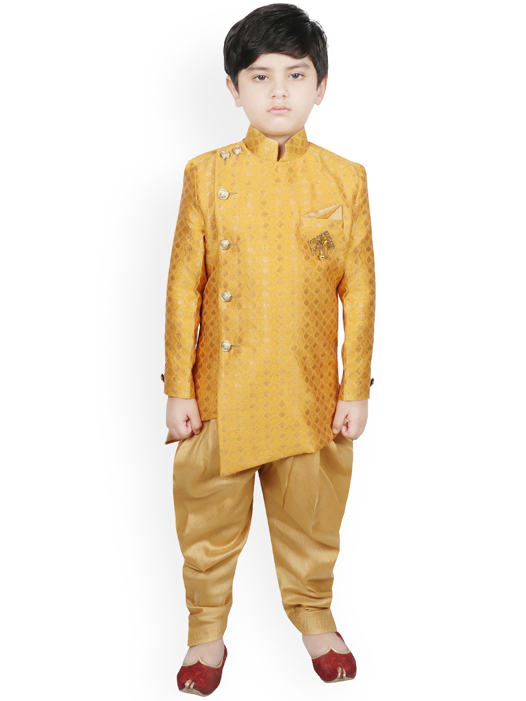 

SG YUVRAJ Boys Yellow & Gold-Toned Self-Designed Silk Sherwani