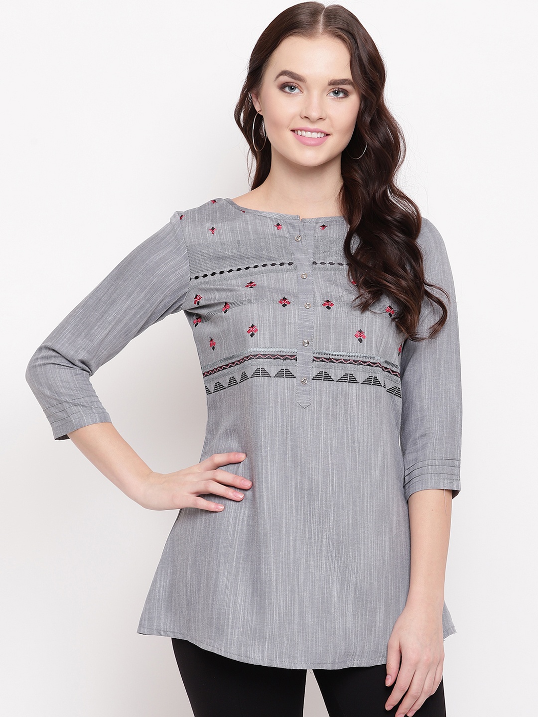 

Kvsfab Women Grey & Black Embroidered A-Line Kurti