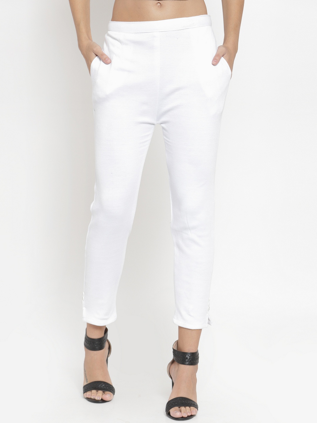 

Clora Creation Women White Solid Cropped Woollen Trousers