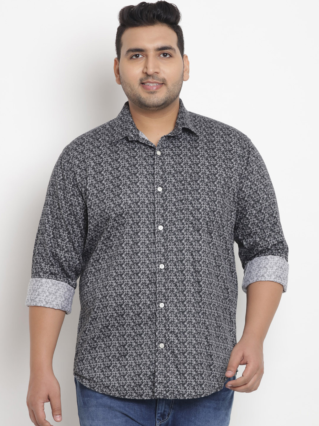 

John Pride Plus Size Men Grey White Regular Fit Printed Casual Shirt