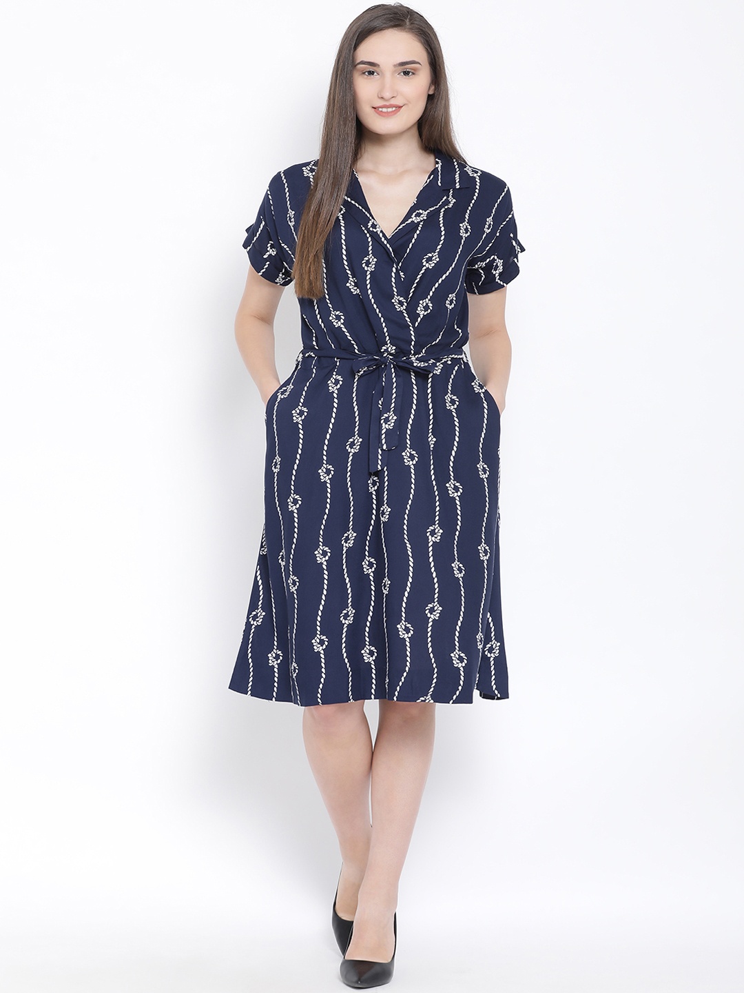 

SQew Women Navy Blue & White Printed Wrap Dress
