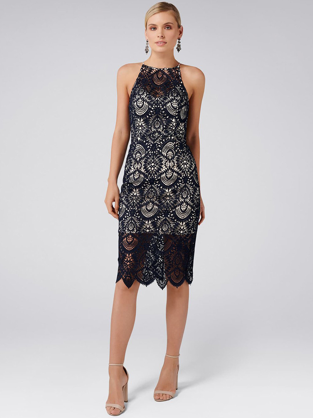 

Forever New Women Navy Blue & White Self Design Lace Sheath Dress