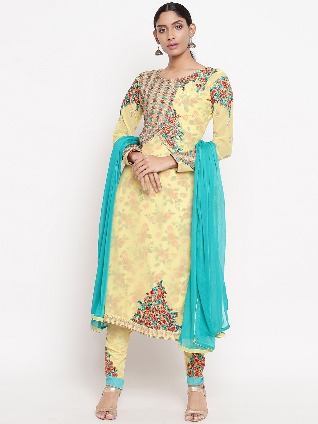 

mf Yellow & Sea Green Embroidered Unstitched Dress Material