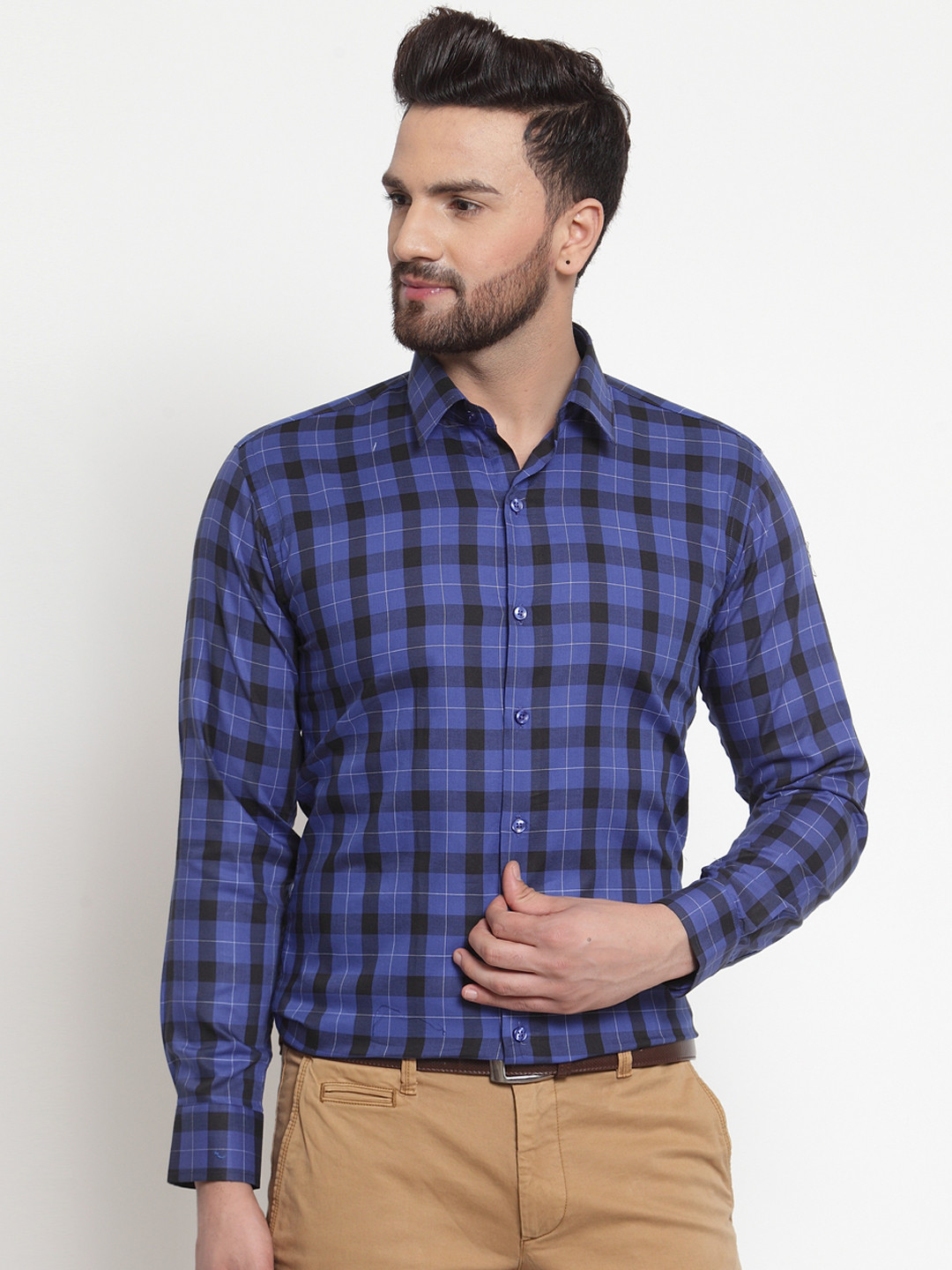 

Hancock Men Navy Blue & Black Slim Fit Checked Formal Shirt