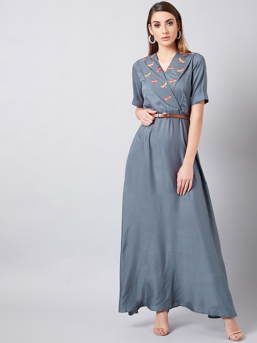 Athena Women Grey Solid Wrap Maxi Dress
