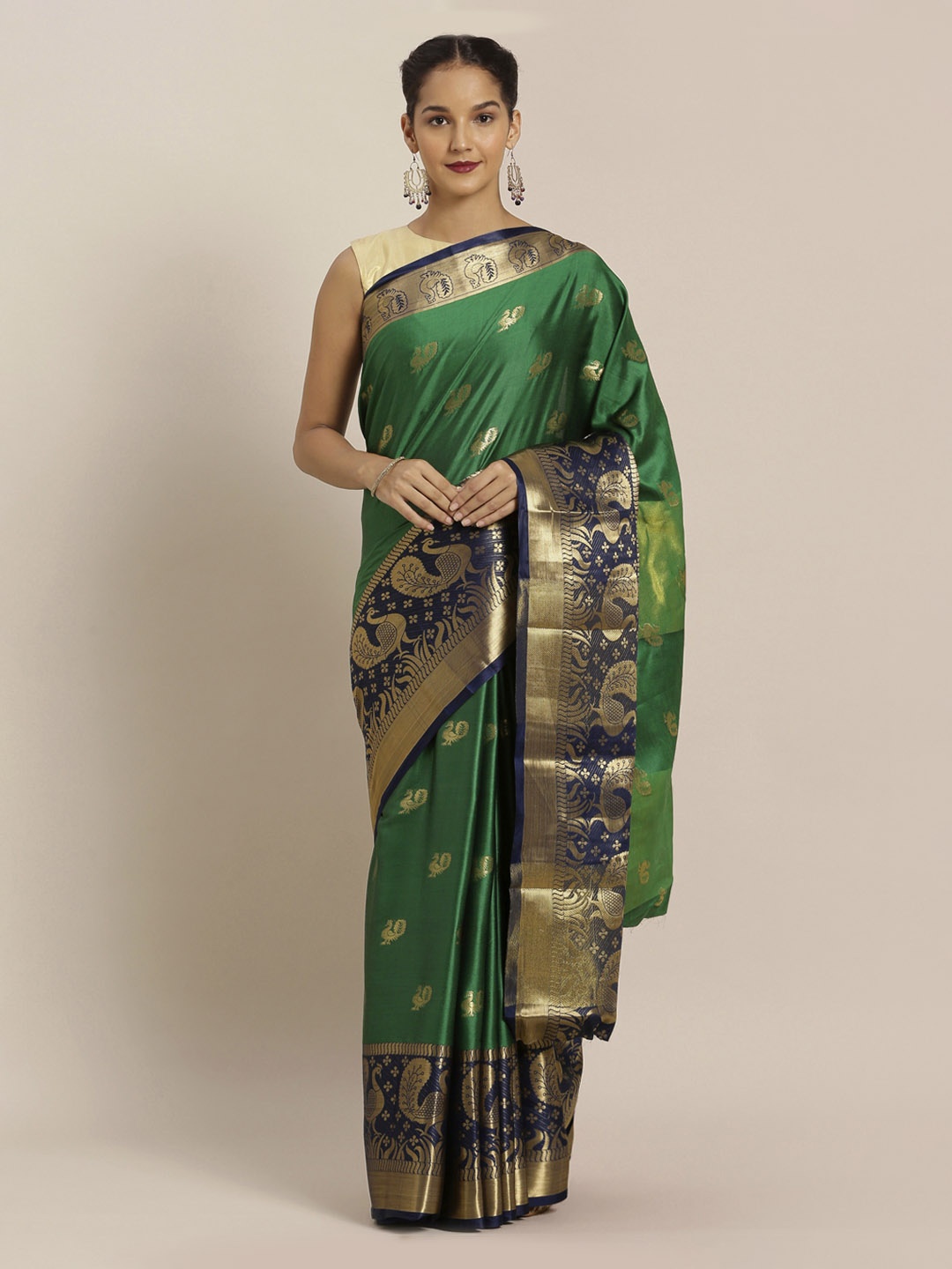 

Mitera Green & Gold-Toned Silk Cotton Woven Design Banarasi Saree