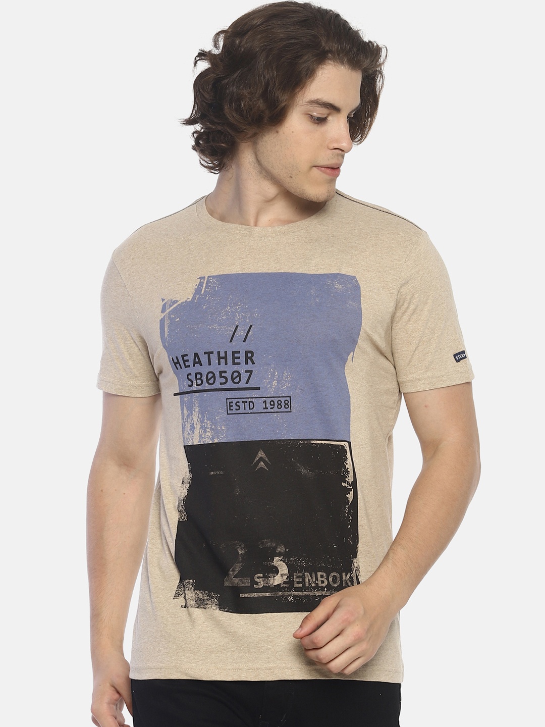 Steenbok Men Brown & Blue Printed Round Neck T-shirt