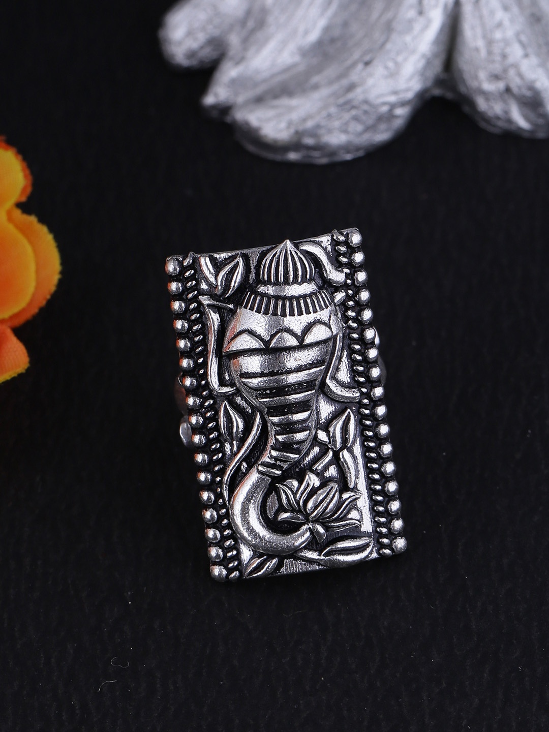 

Voylla Women Silver-Plated Oxidised Handcrafted Aarambh Shankh-Kamal Ring