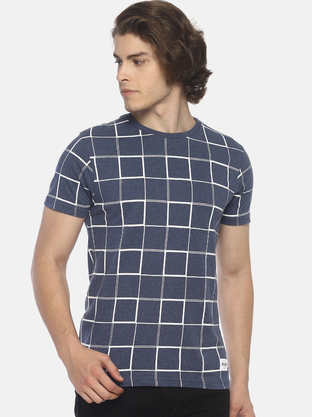 Steenbok Men Navy Blue Checked Round Neck T-shirt
