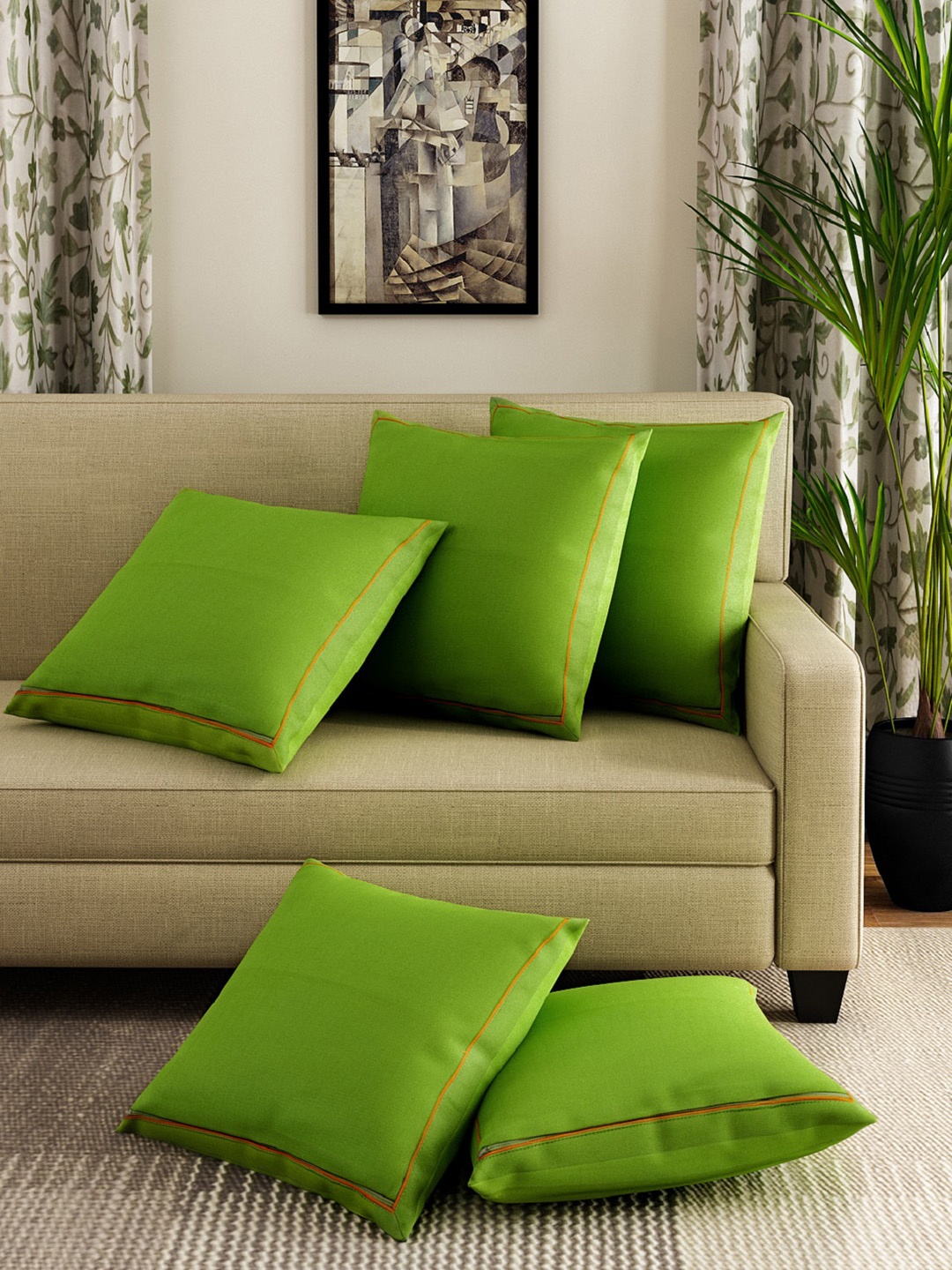 

SWAYAM Lime Green Set of 5 Solid Square Cushion Covers