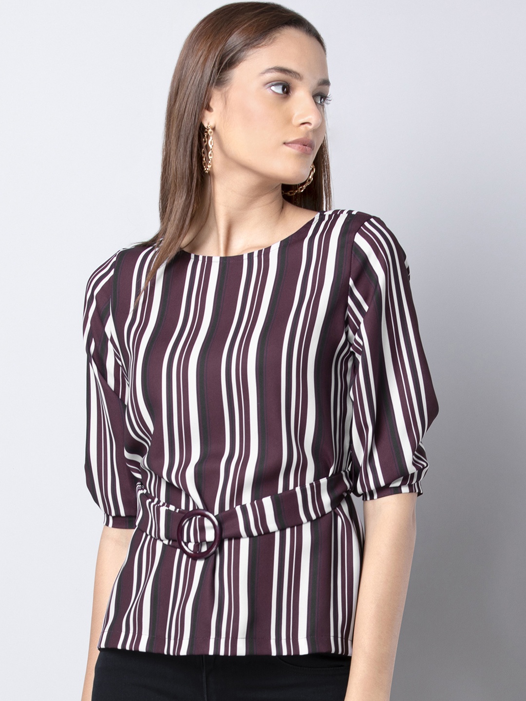 

FabAlley Women Burgundy & Black Striped Top