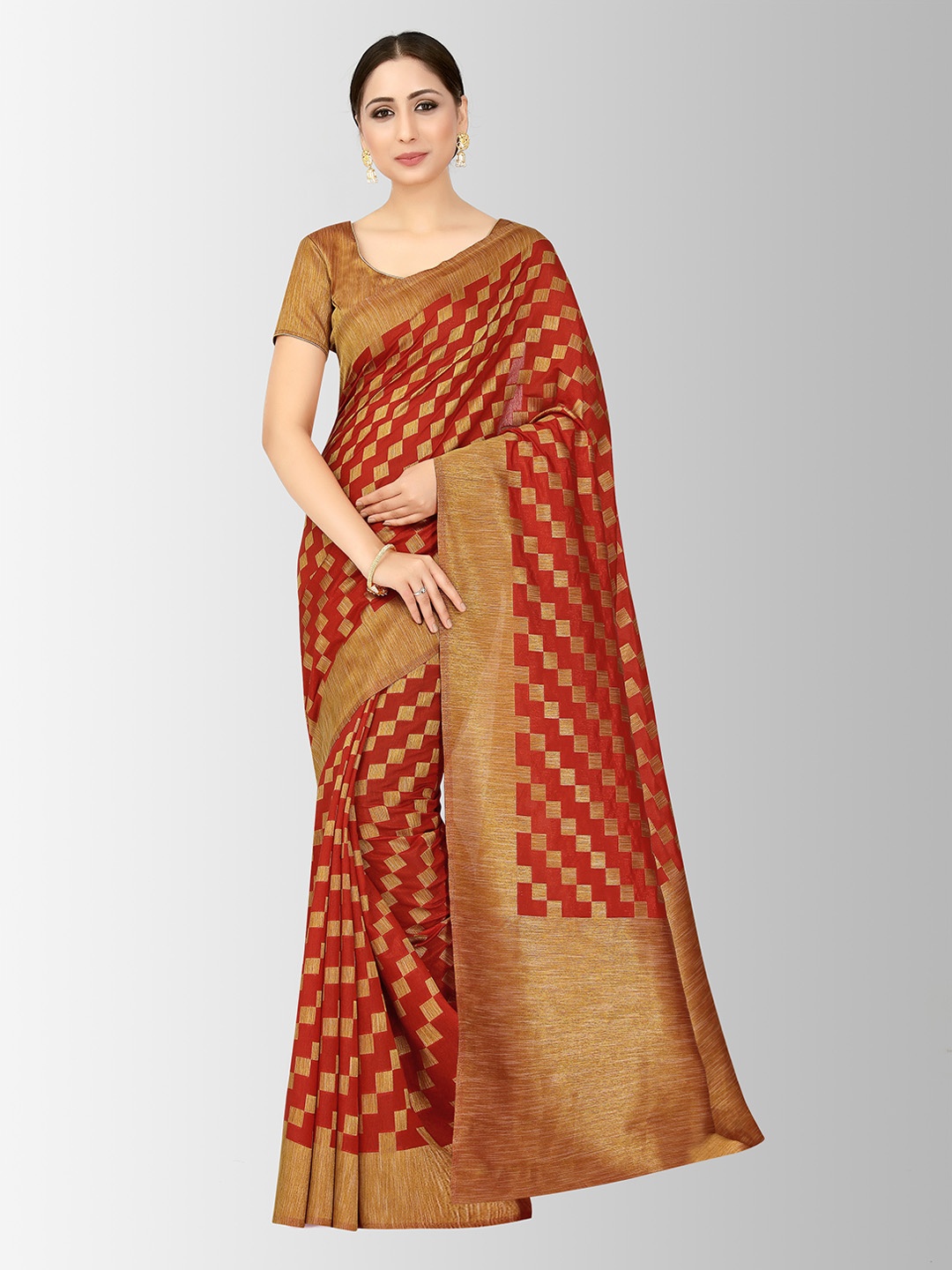 

MIMOSA Rust Red & Gold-Coloured Art Silk Woven Design Patola Saree