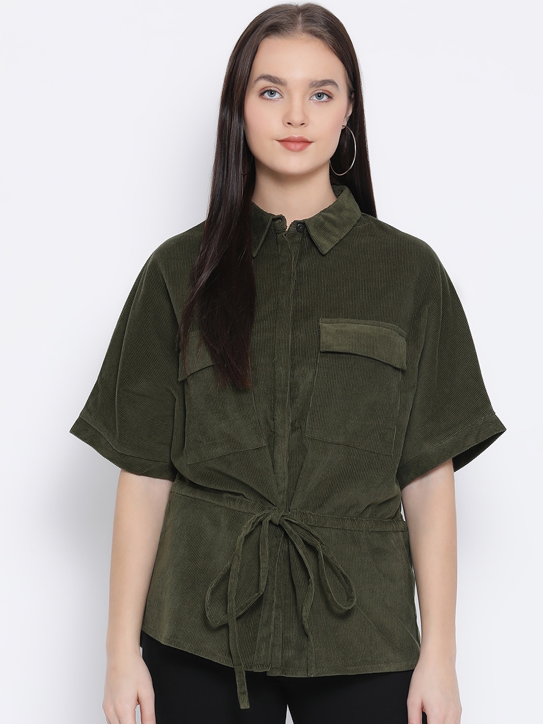 

Oxolloxo Women Olive Green Solid Corduroy Tailored Jacket