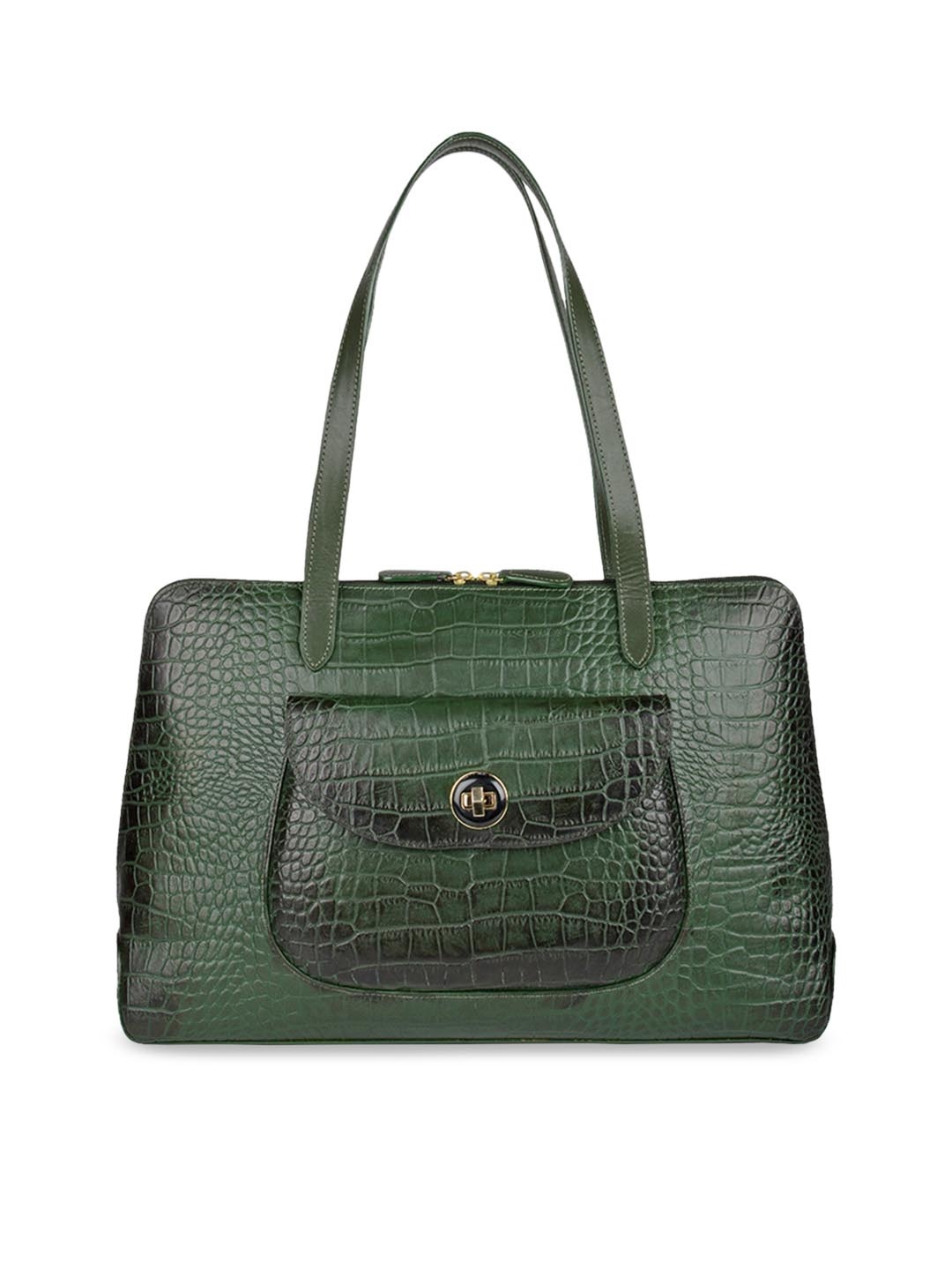 

Hidesign Olive Green Crocodile Textured Leather Handheld Bag