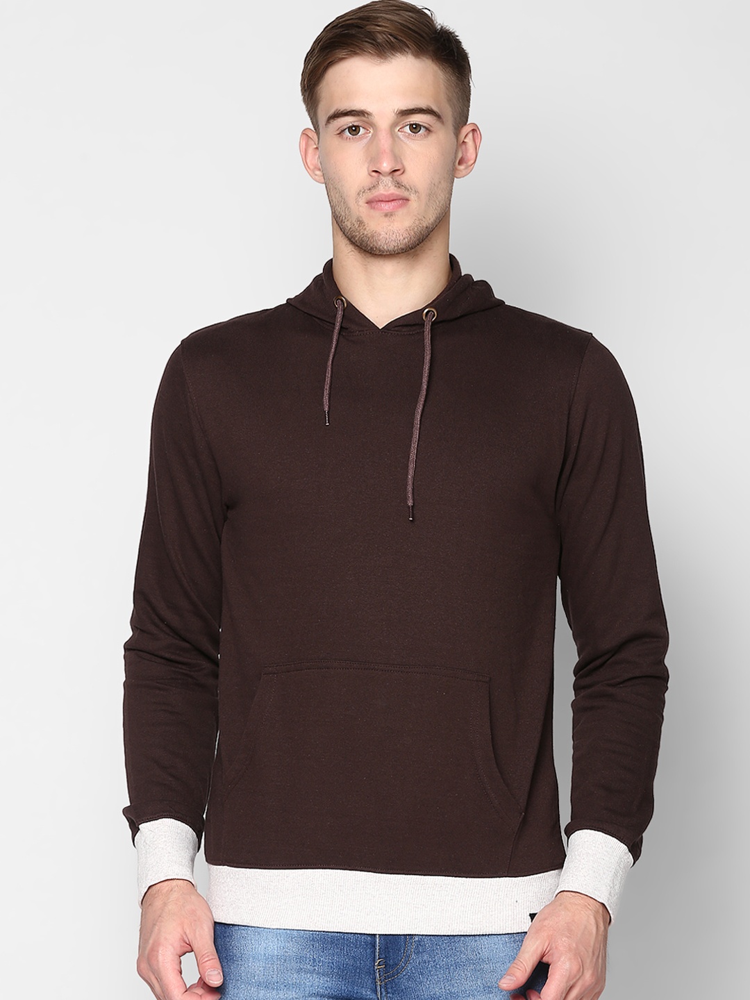 

Urbano Fashion Men Brown & White Solid Hooded Sweatshirt