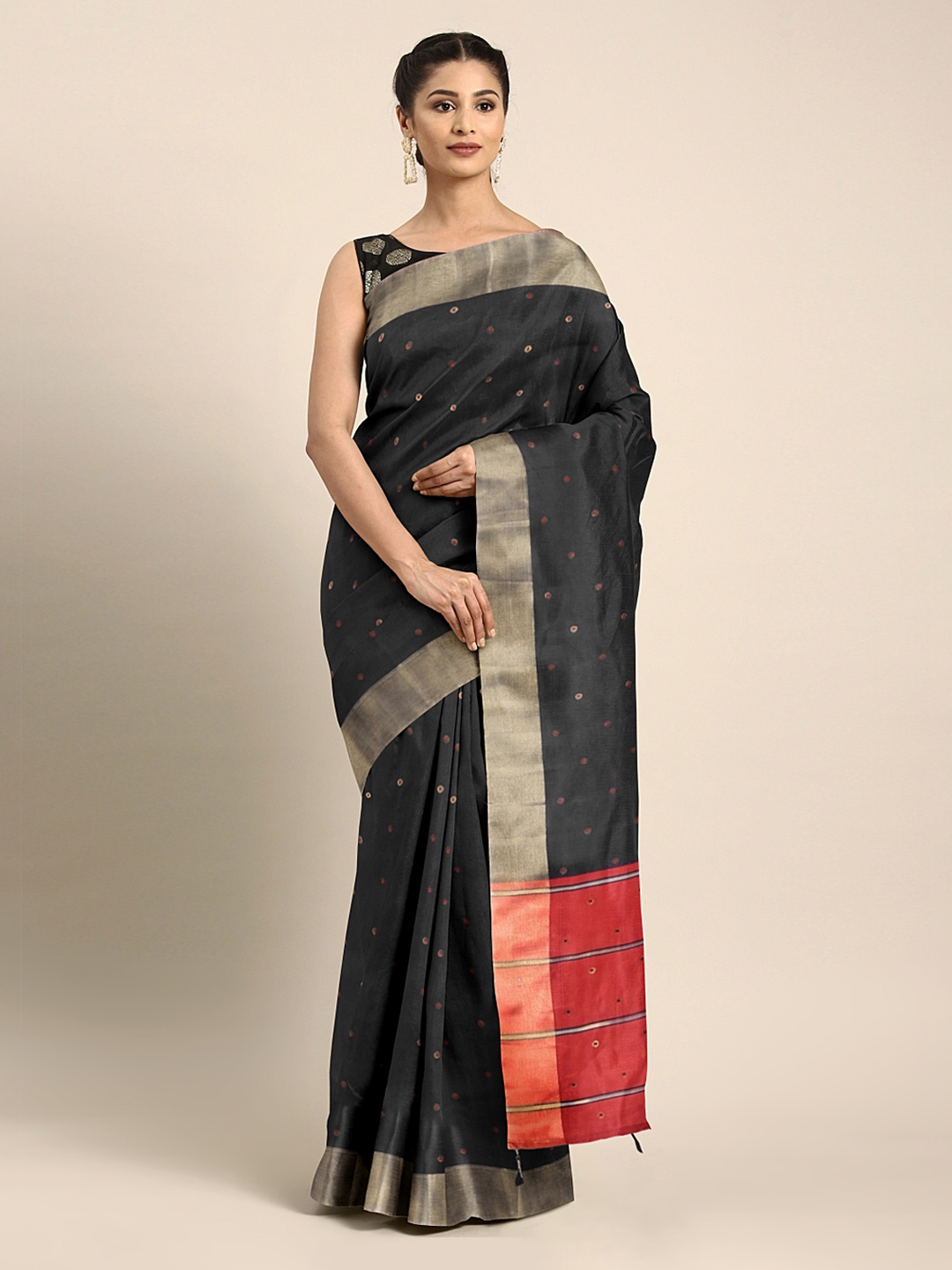 

Mitera Black & Red Art Silk Woven Design Kanjeevaram Saree