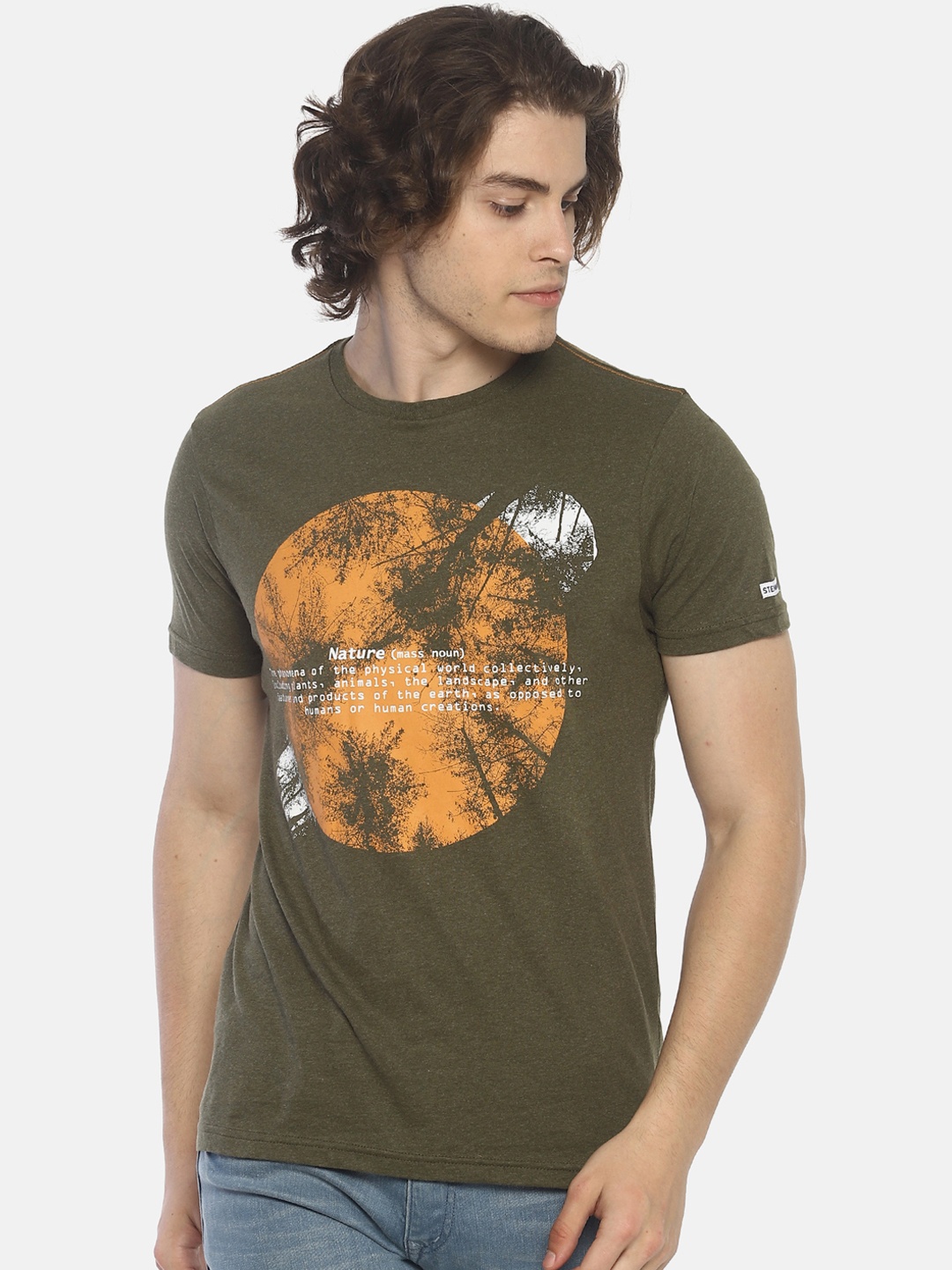 

Steenbok Men Olive Green Orange Printed Round Neck Pure Cotton T-shirt
