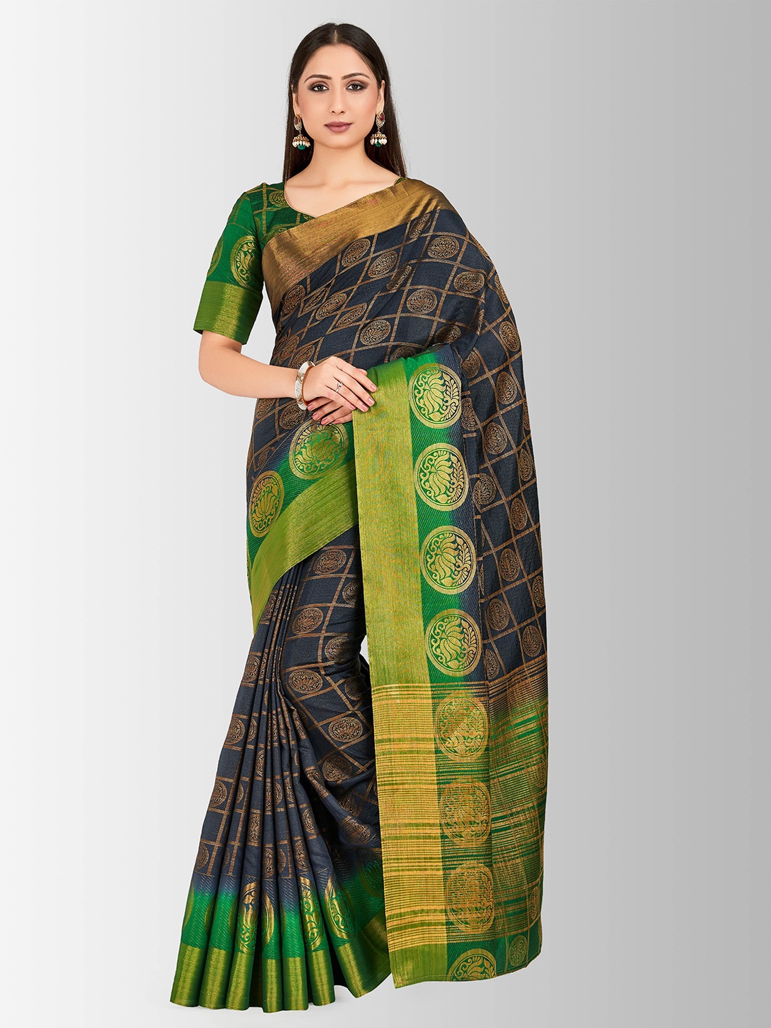 

MIMOSA Navy Blue & Beige Art Silk Embellished Banarasi Saree