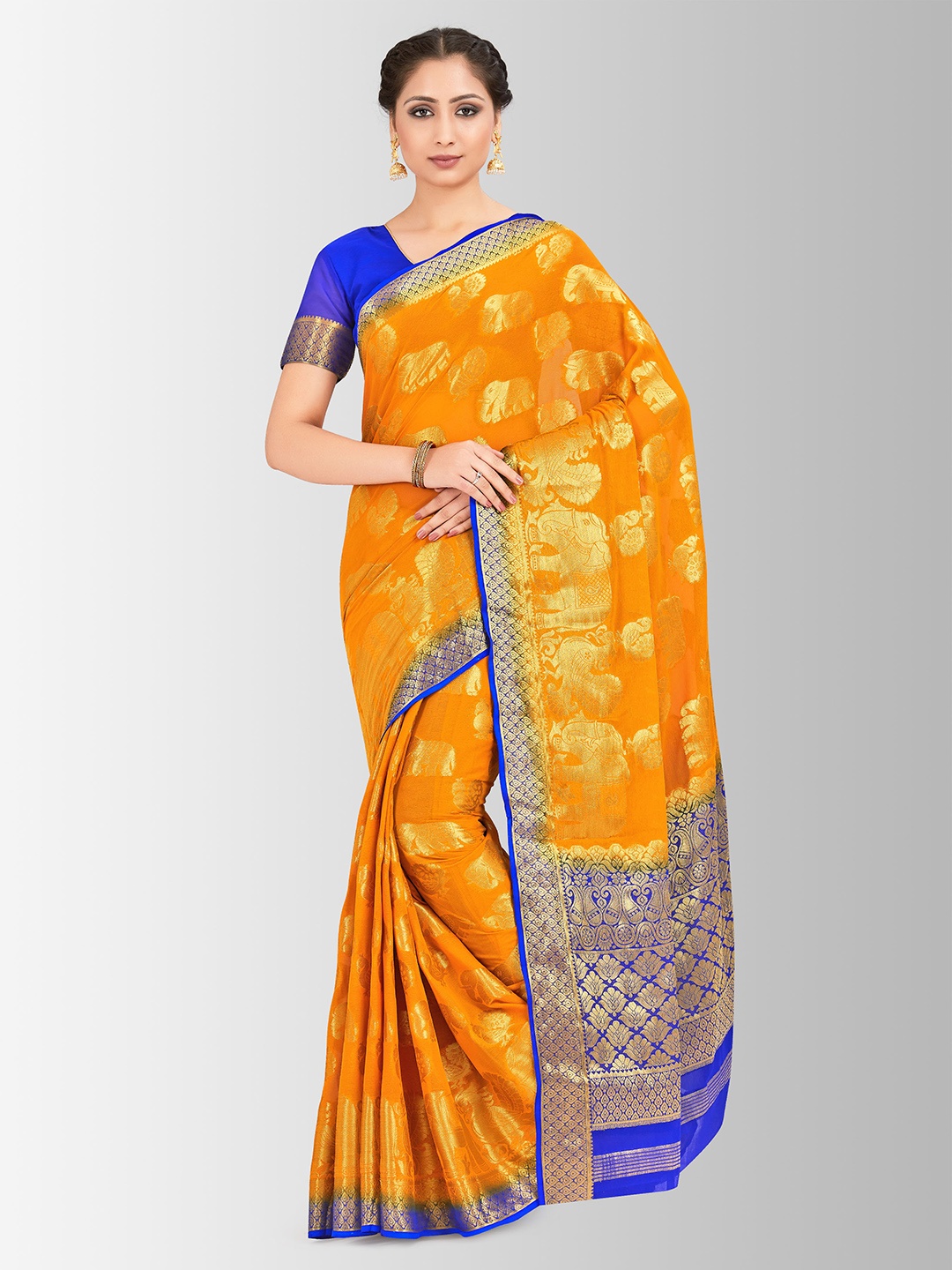 

MIMOSA Mustard & Blue Poly Chiffon Woven Design Banarasi Saree