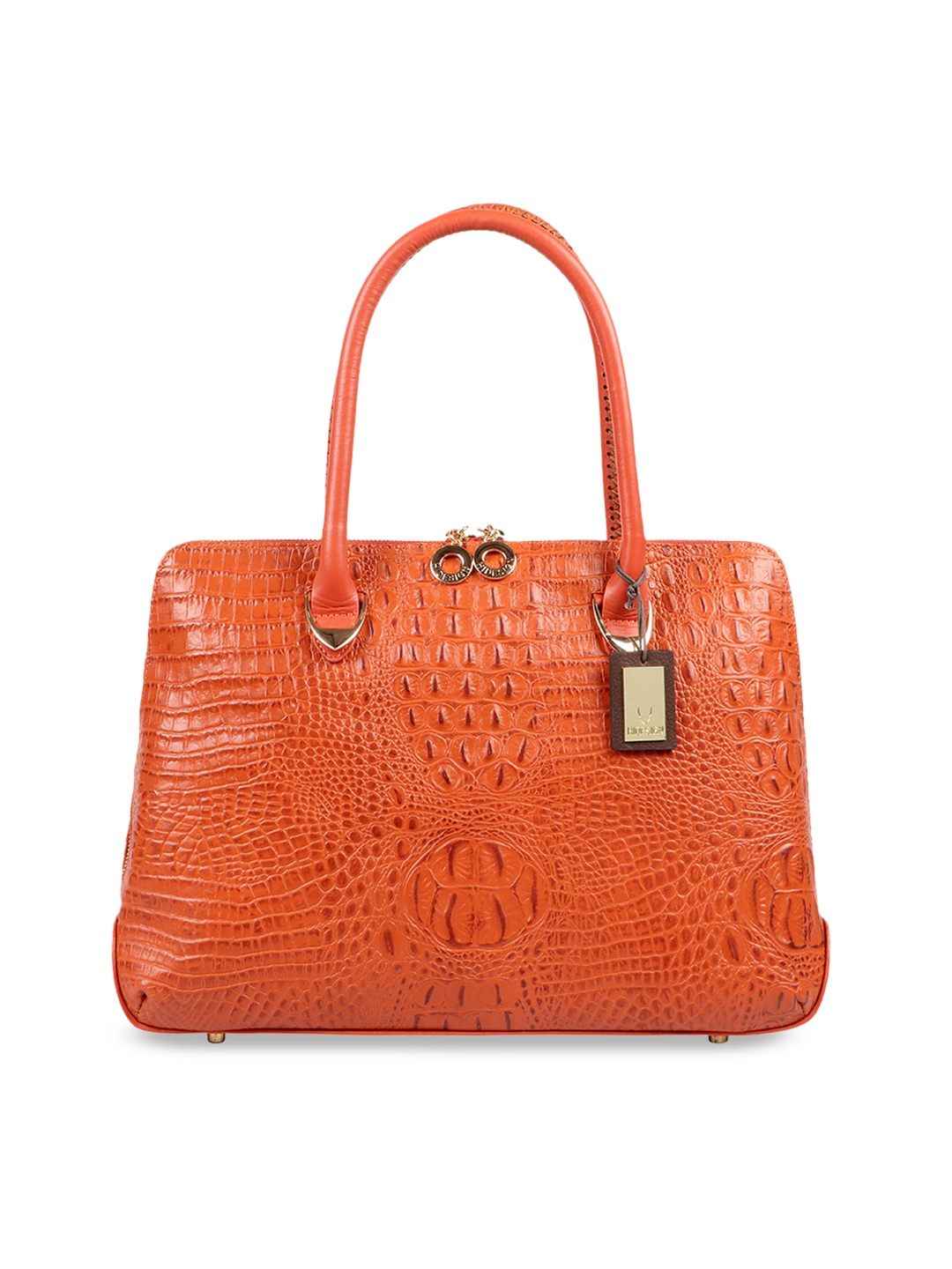 

Hidesign Orange Crocodile Skin Textured Leather Handheld Bag