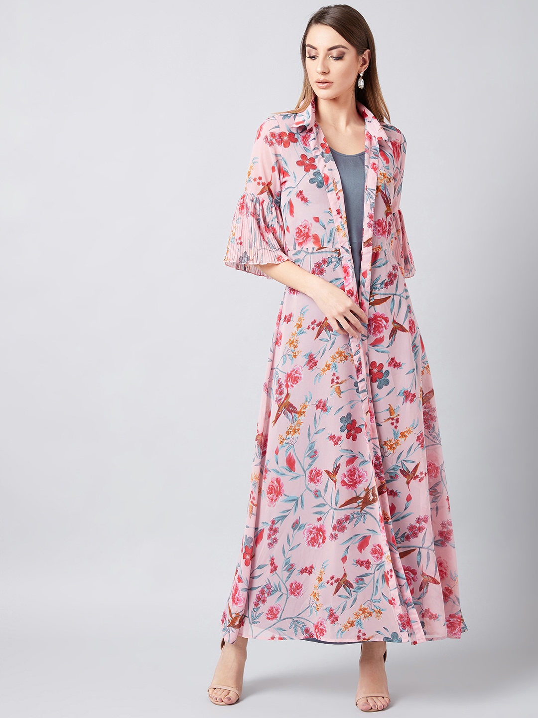 

Athena Women Pink & Grey Solid Maxi Dress With Longline Shrug