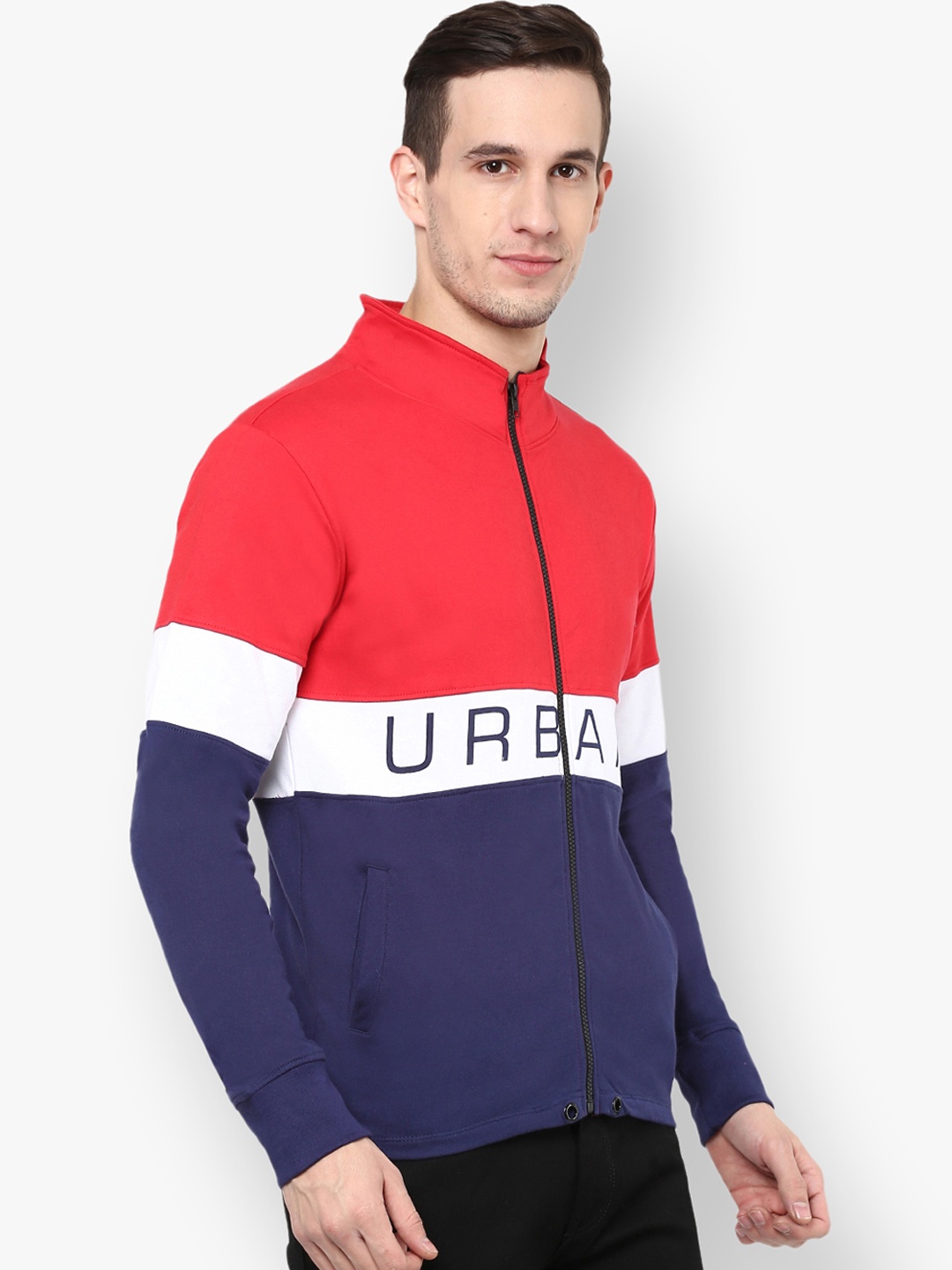 

Urbano Fashion Men Colourblocked & Brand Logo Print Front-Open Sweatshirt, Red