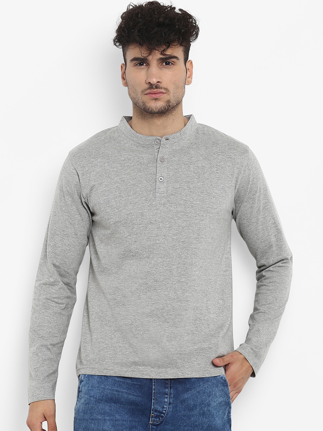 

appulse Men Grey Solid Mandarin Collar T-shirt