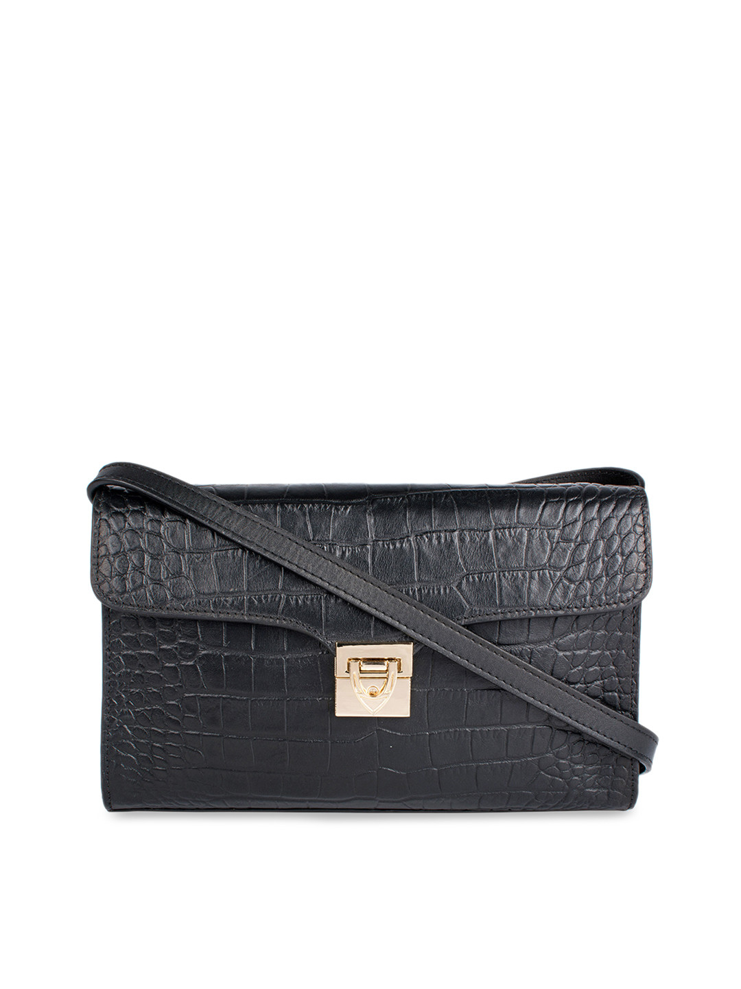 

Hidesign Black Crocodile Skin Textured Leather Sling Bag