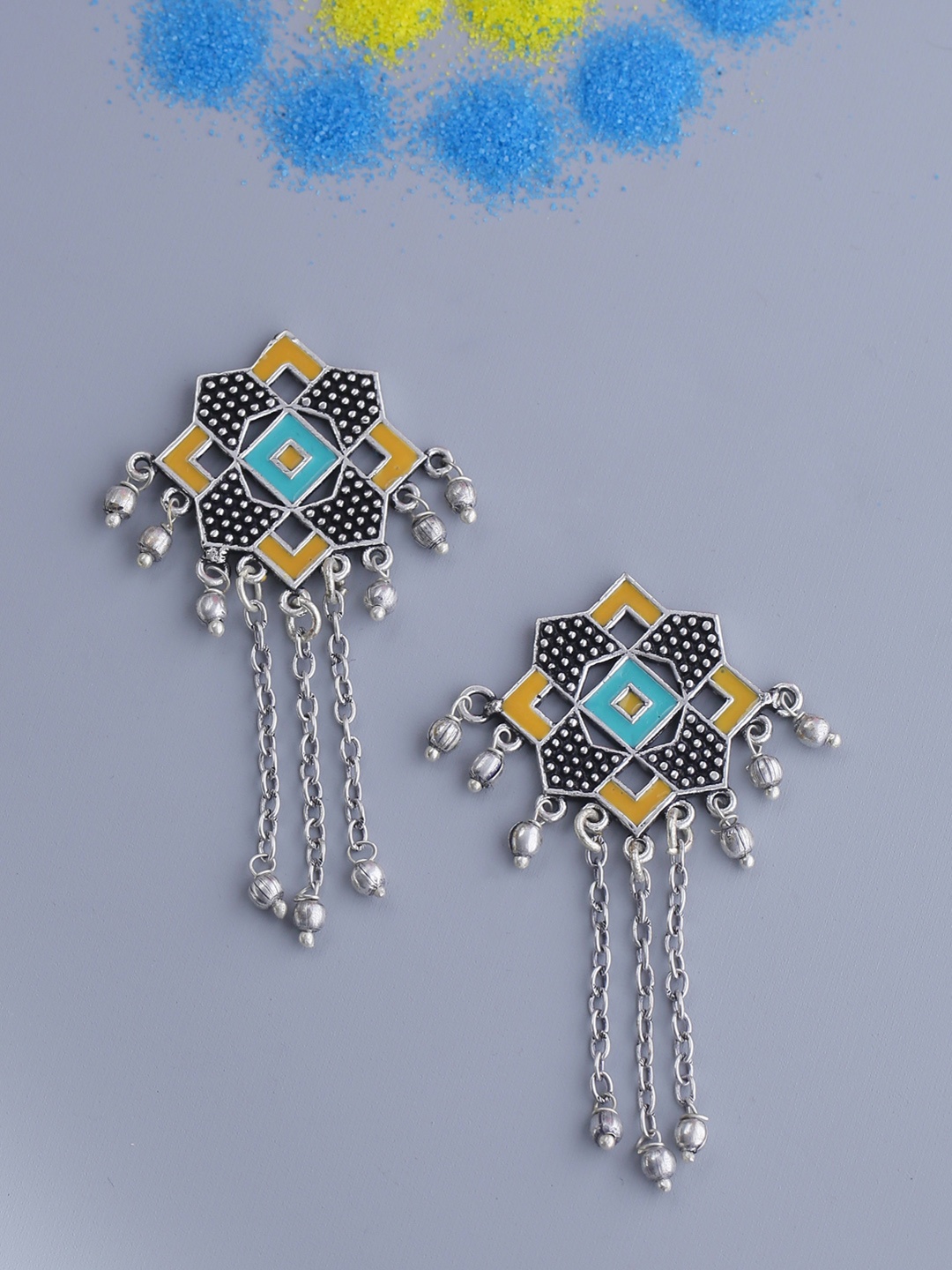 

Voylla Silver-Plated Oxidised Yellow and Blue Drop Earrings