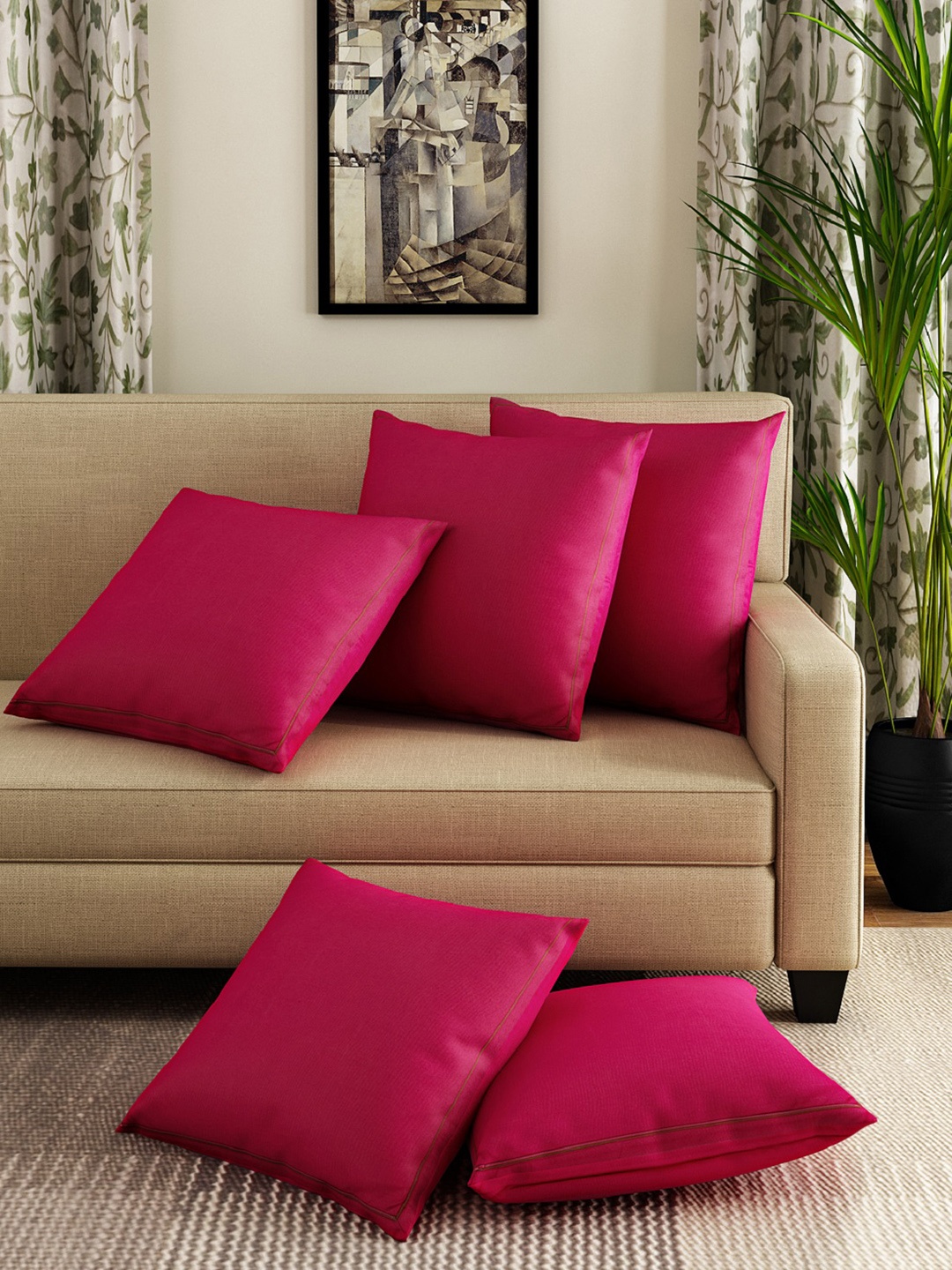 SWAYAM Magenta Set of 5 Solid Square Cushion Covers