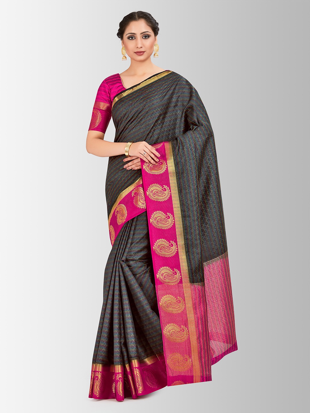 

MIMOSA Black & Pink Art Silk Woven Design Kanjeevaram Saree