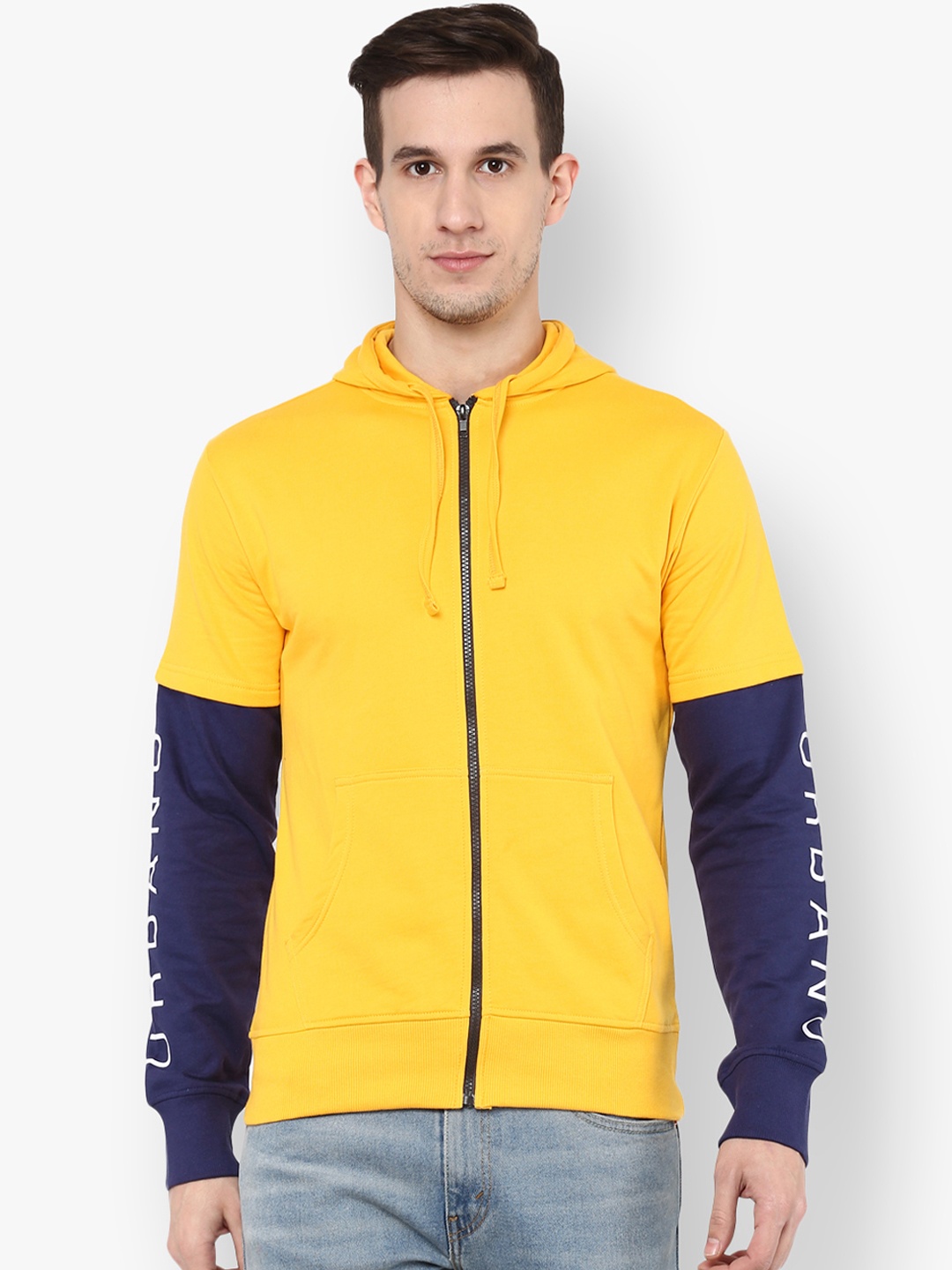 

Urbano Fashion Men Yellow & Navy Blue Colourblocked Hooded Sweatshirt