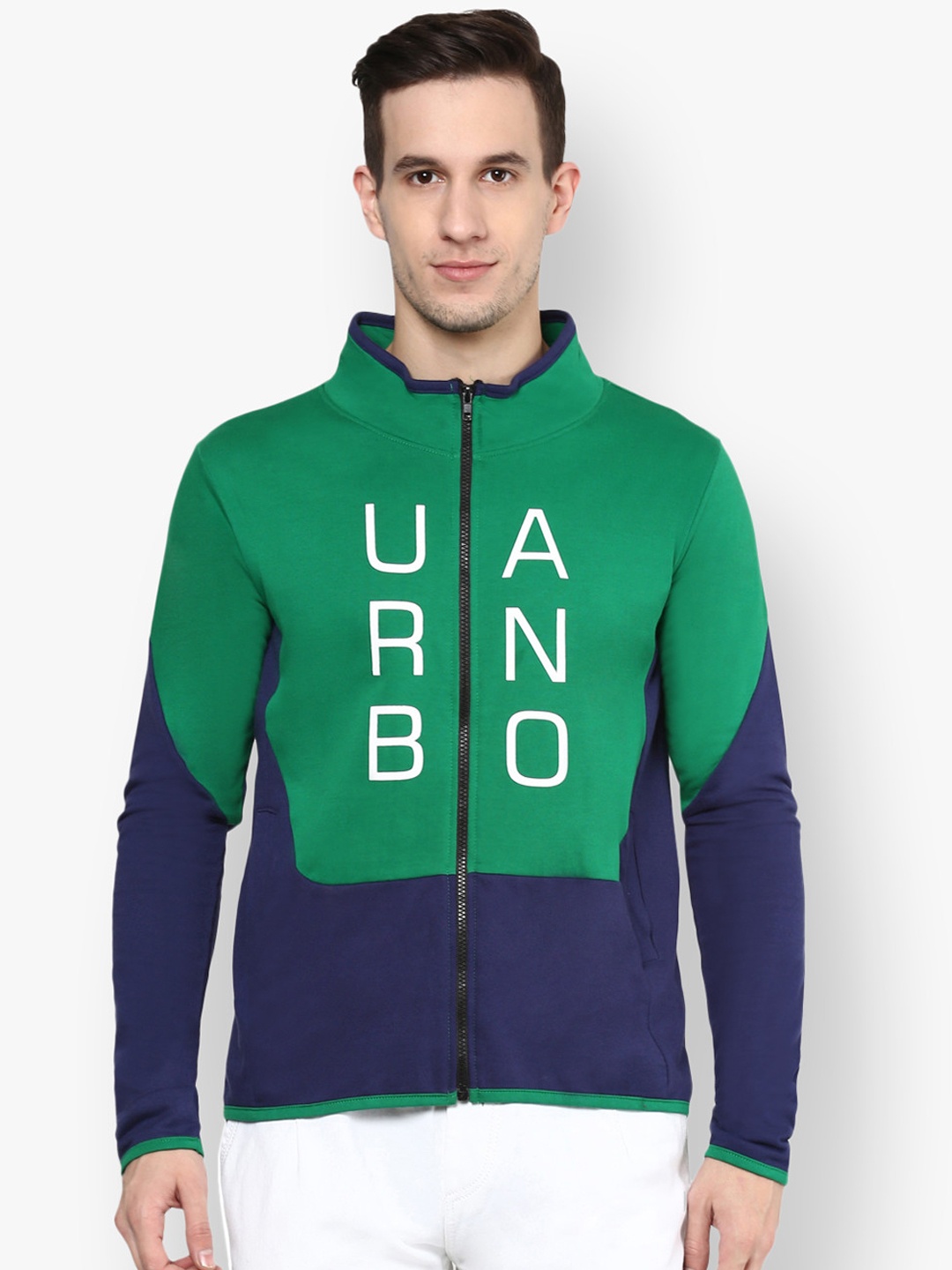 

Urbano Fashion Men Green & Navy Blue Colourblocked Sweatshirt