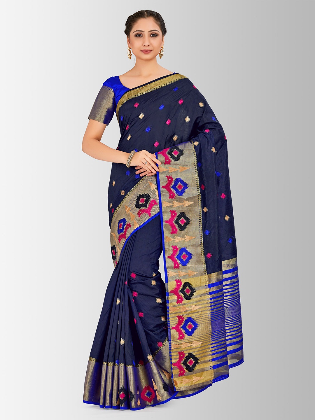 

MIMOSA Navy Blue & Pink Art Silk Woven Design Kanjeevaram Saree