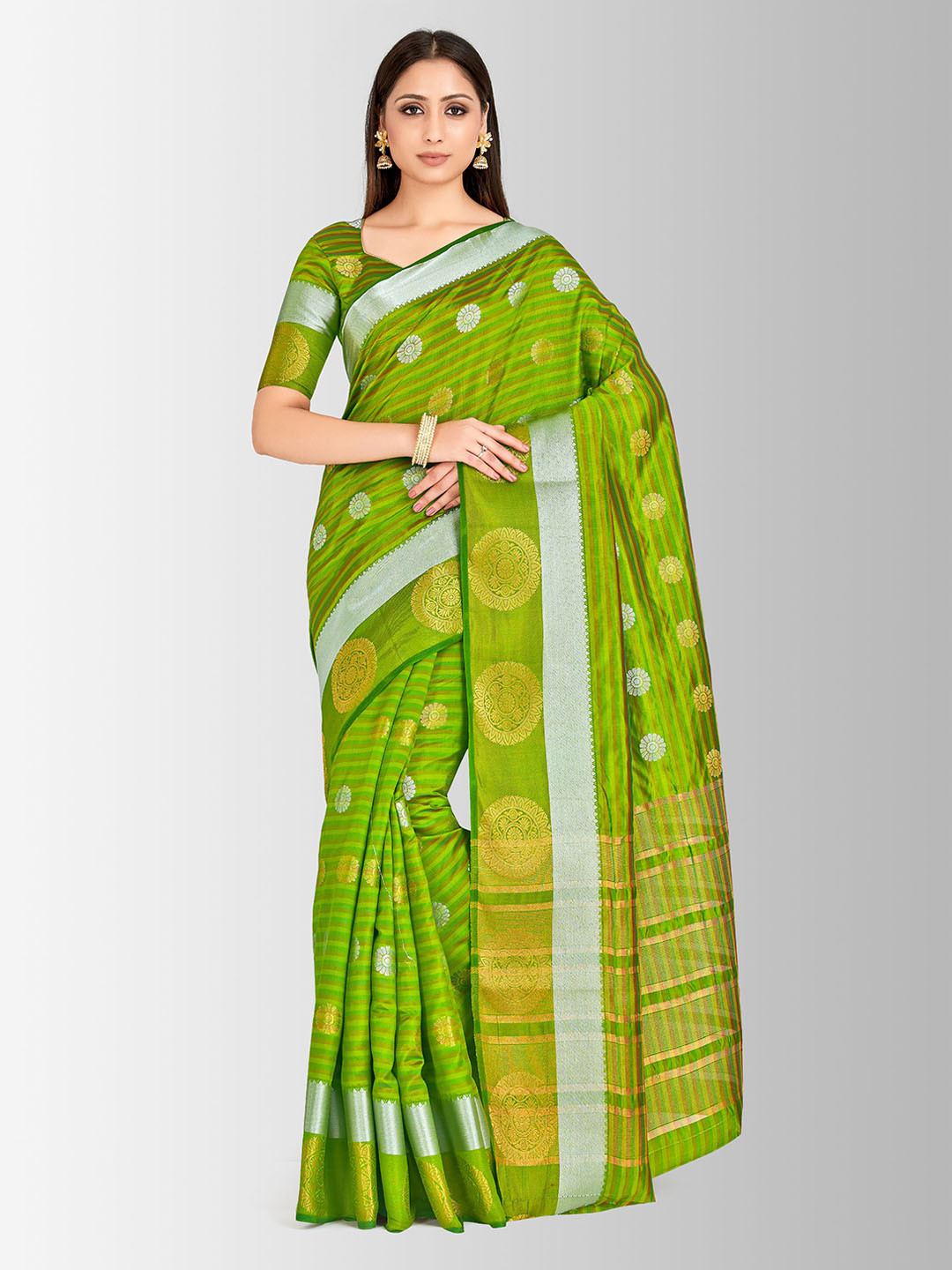 

MIMOSA Green & Beige Art Silk Striped Kanjeevaram Saree