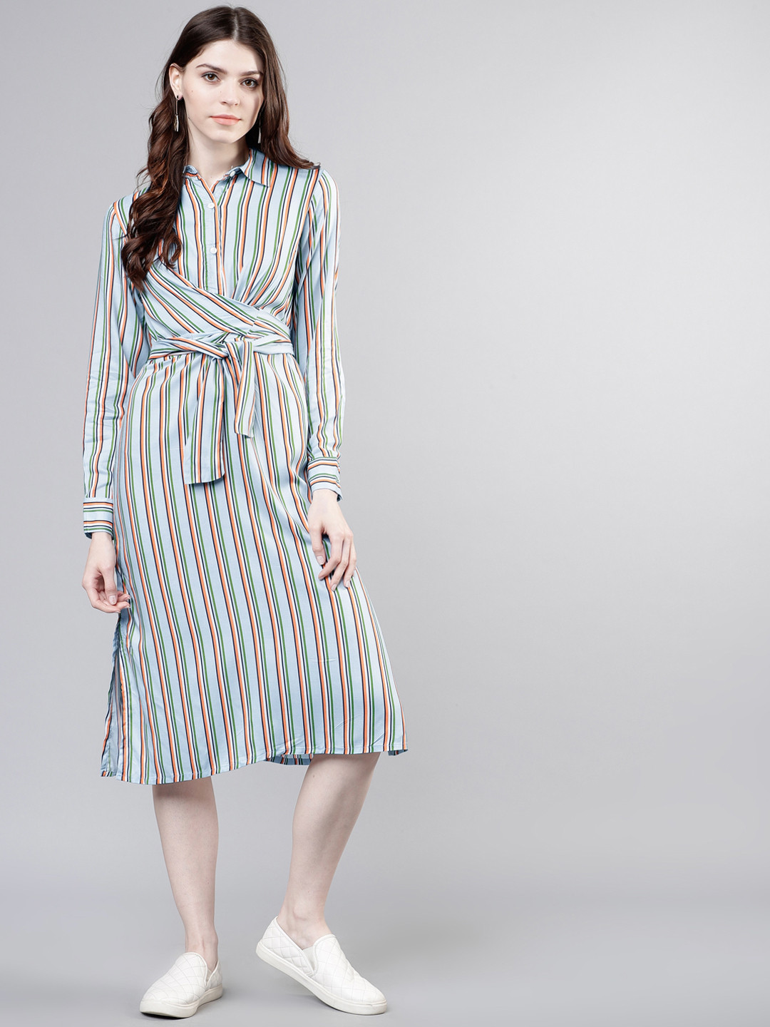 

Tokyo Talkies Women Blue & Pink Striped Shirt Dress