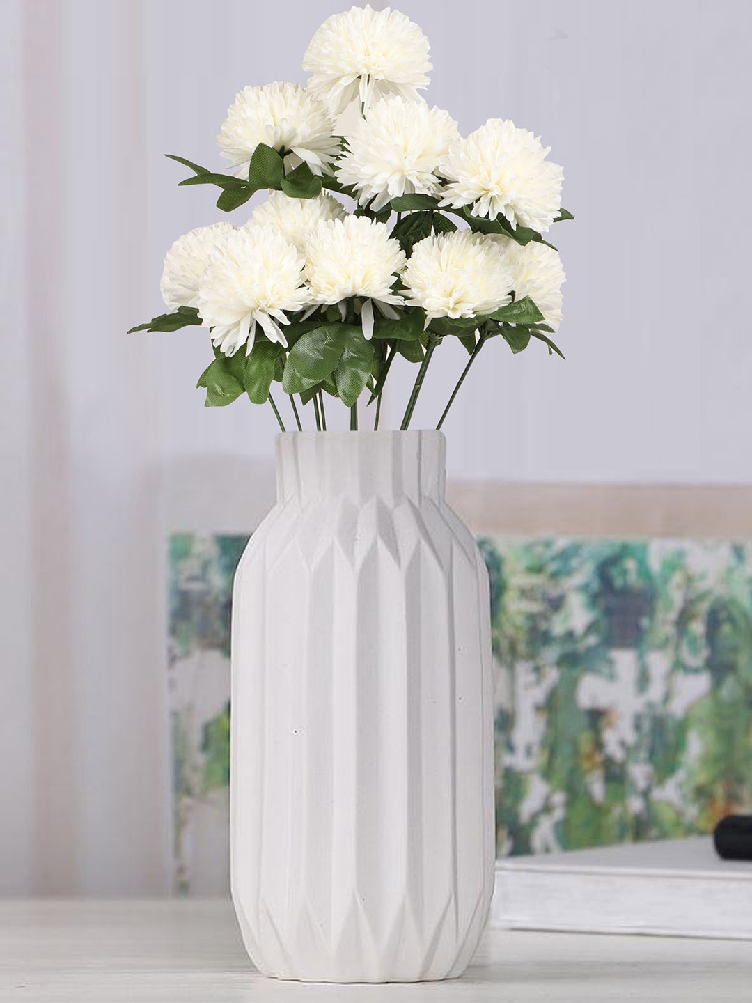 

TIED RIBBONS White & Green Chrysanthemum Artificial Flower Stick
