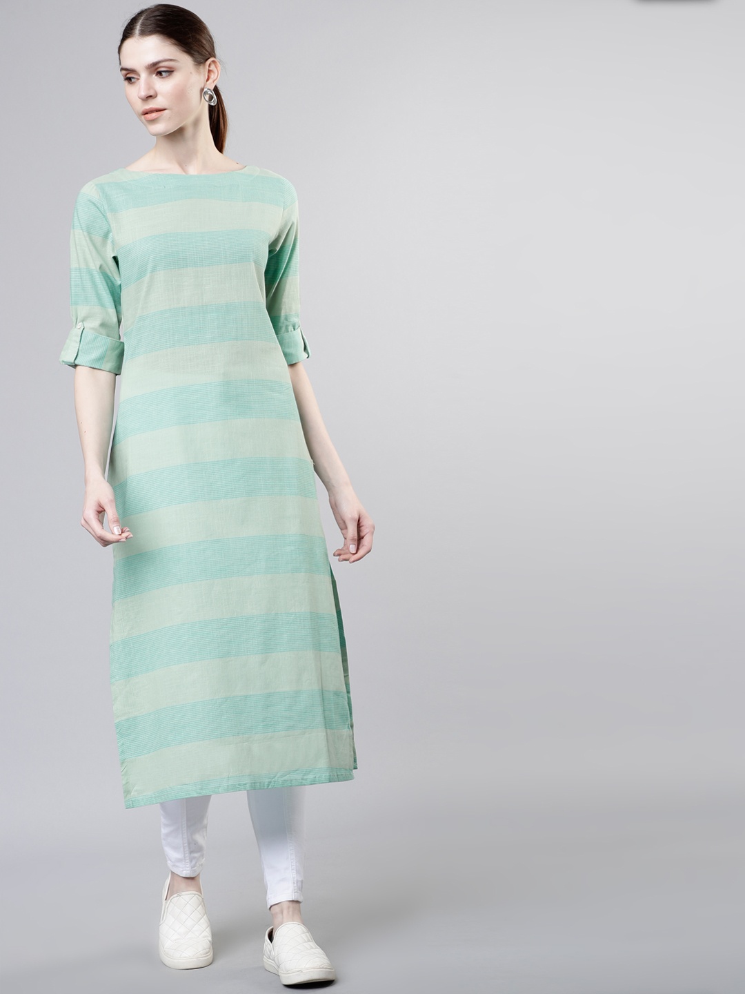 

Vishudh Women Green Striped Straight Kurta
