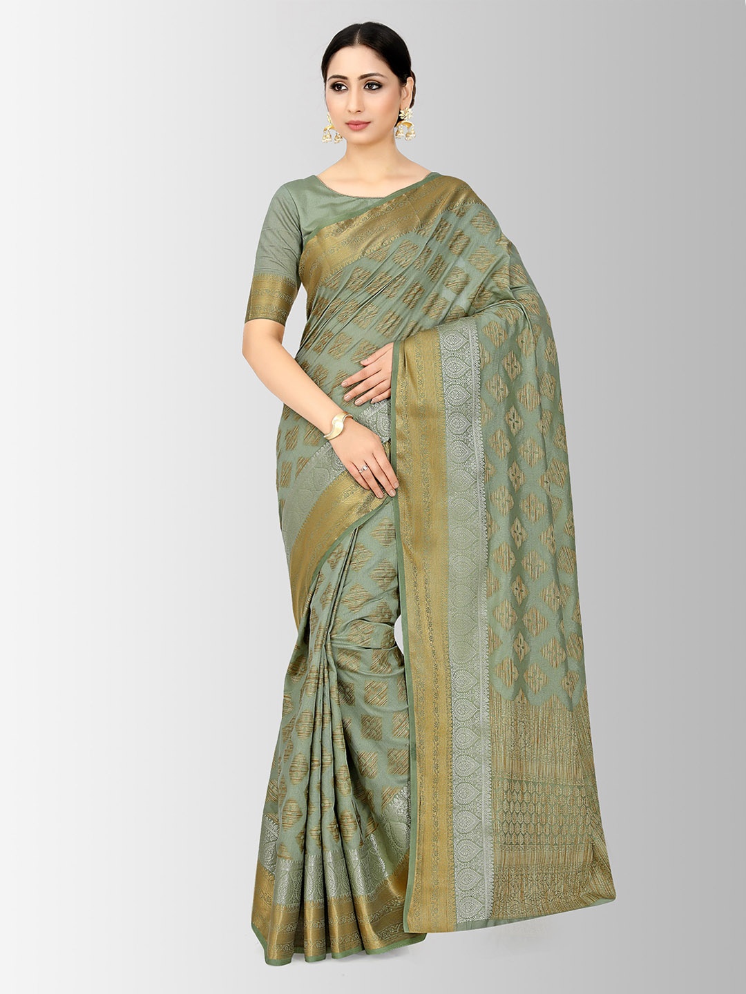 

MIMOSA Green & Beige Art Silk Woven Design Kanjeevaram Saree