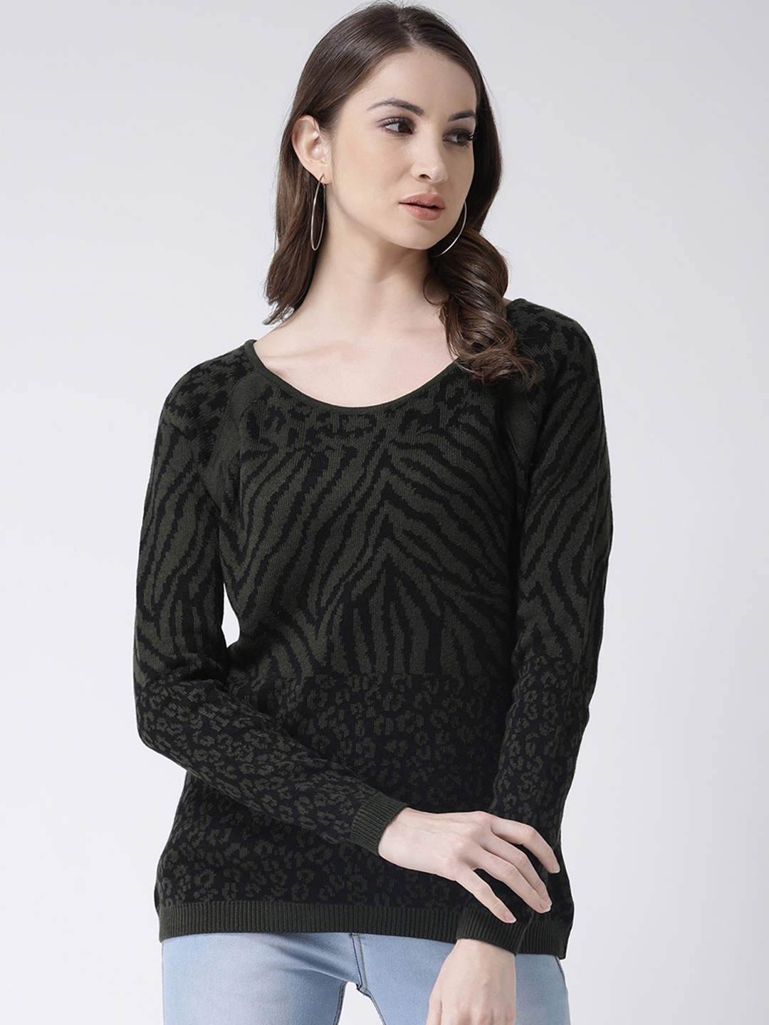 

Club York Women Olive Green & Black Animal Self Design Sweater