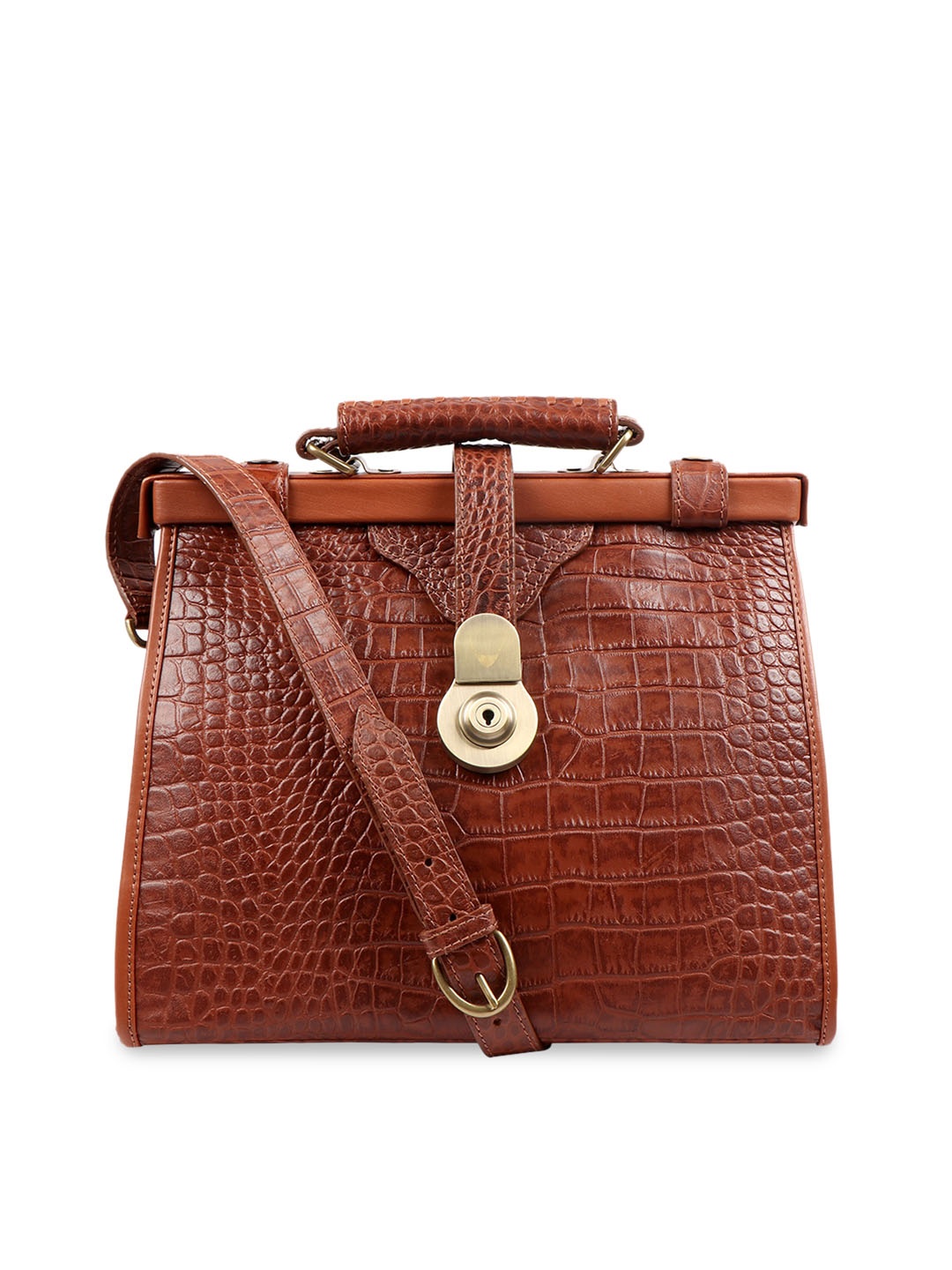 

Hidesign Tan Brown Crocodile Skin Textured Leather Handheld Bag