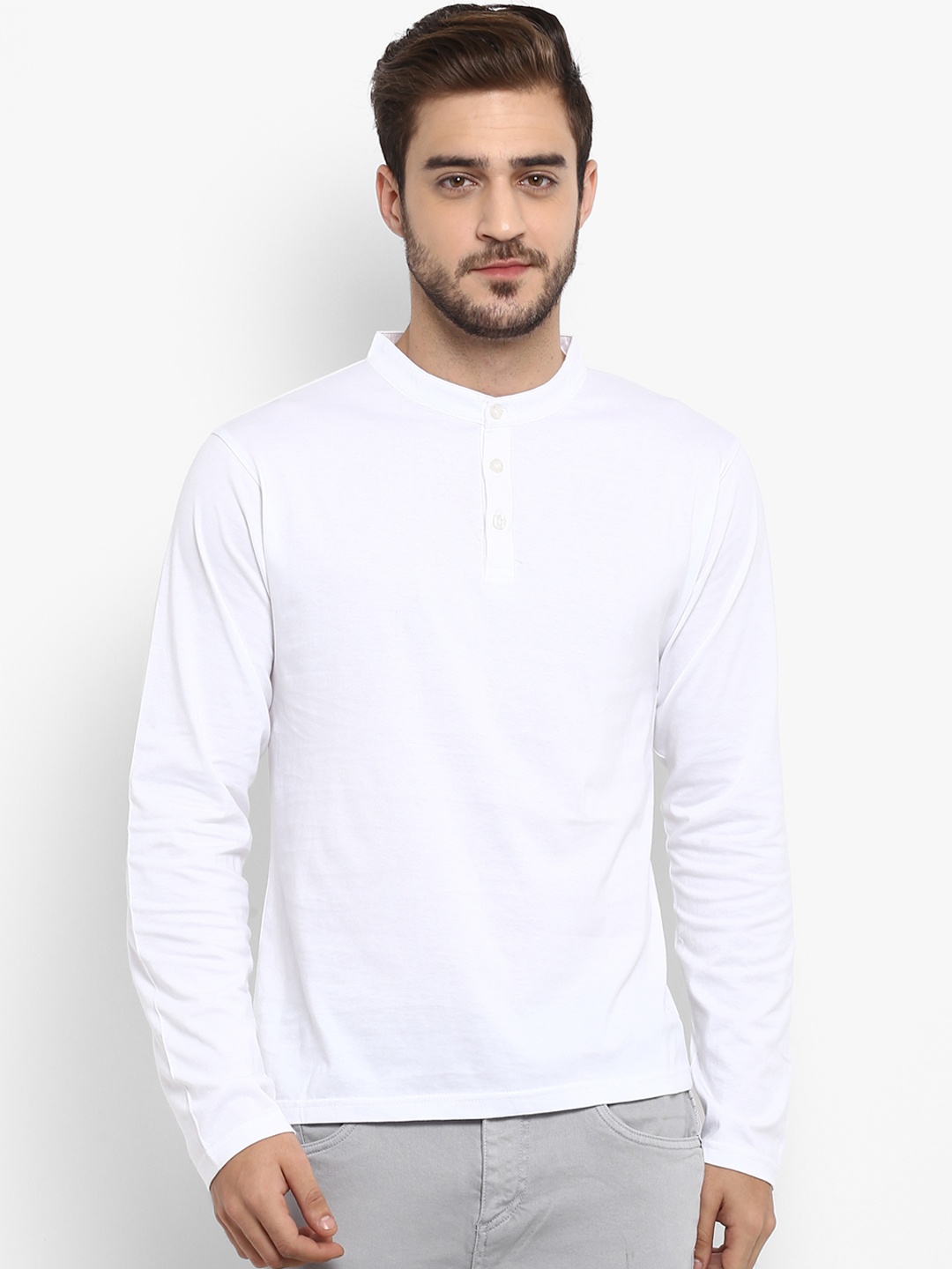 

appulse Men White Solid Mandarin Collar T-shirt