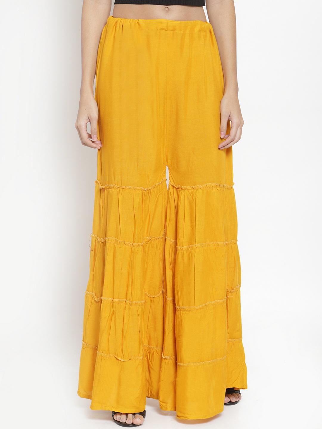 

Clora Creation Women Mustard Yellow Solid Flared Tiered Palazzos