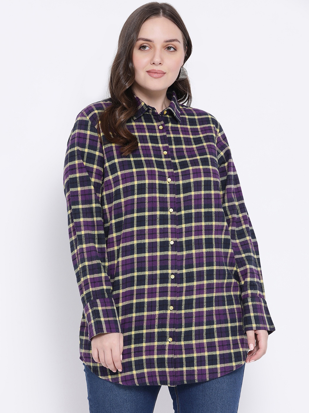 

Oxolloxo Women Blue & Beige Regular Fit Checked Longline Casual Shirt