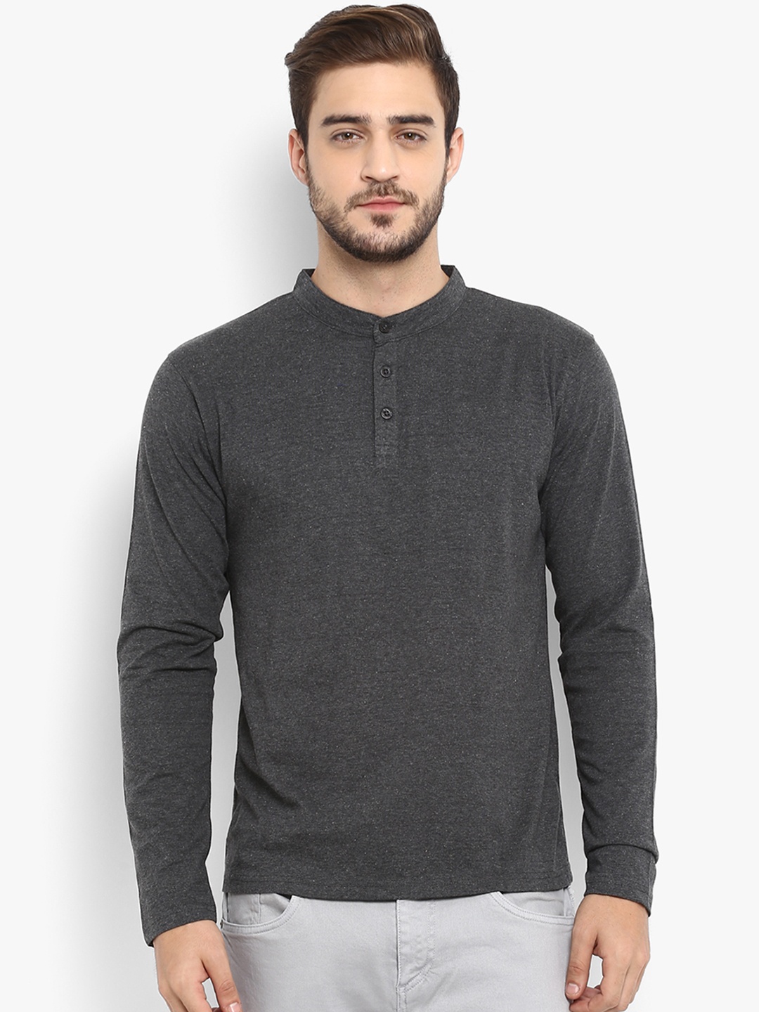 

appulse Men Charcoal Solid Mandarin Collar T-shirt