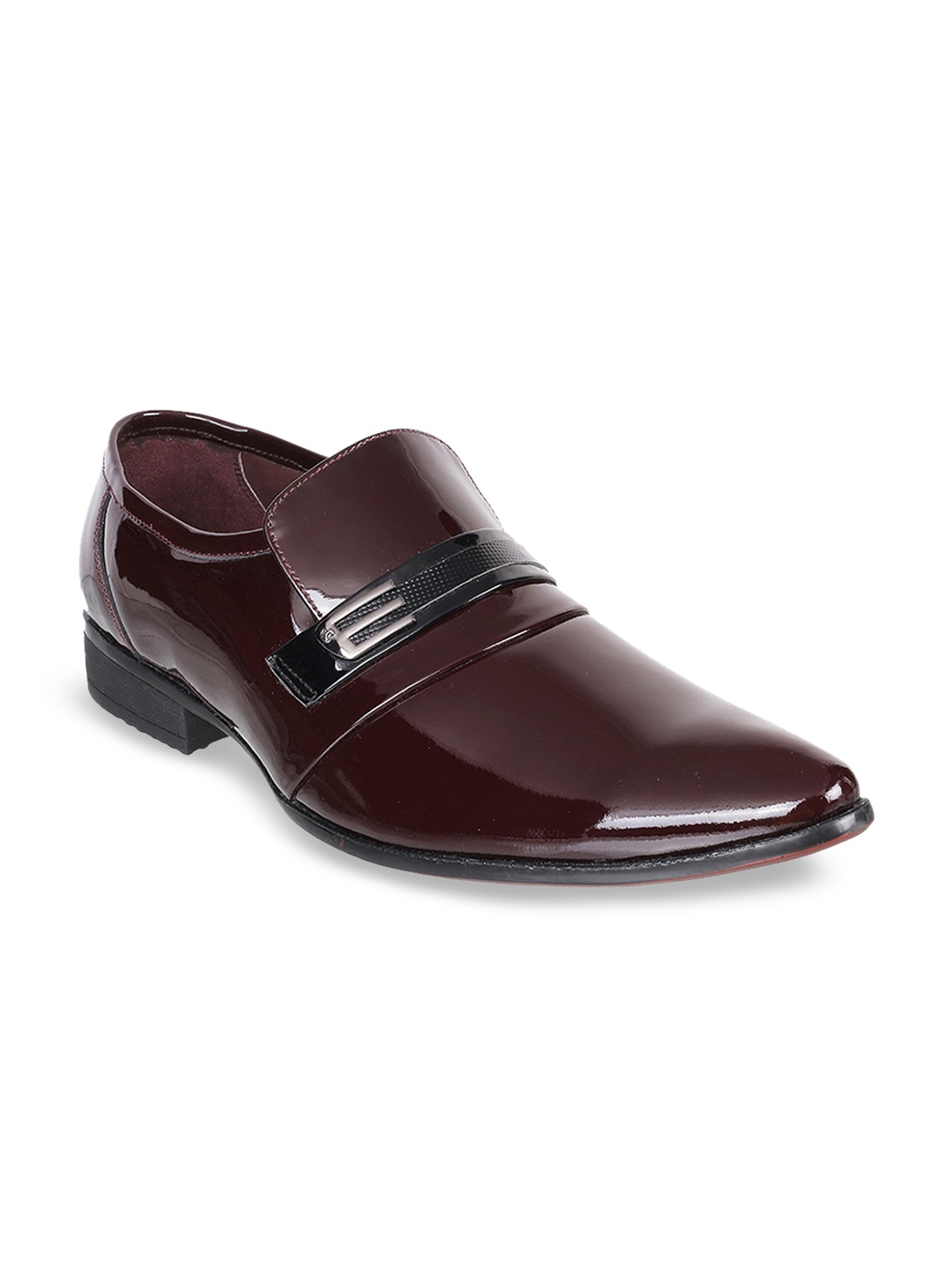 

Mochi Men Maroon Solid Leather Formal Slip-On Shoes